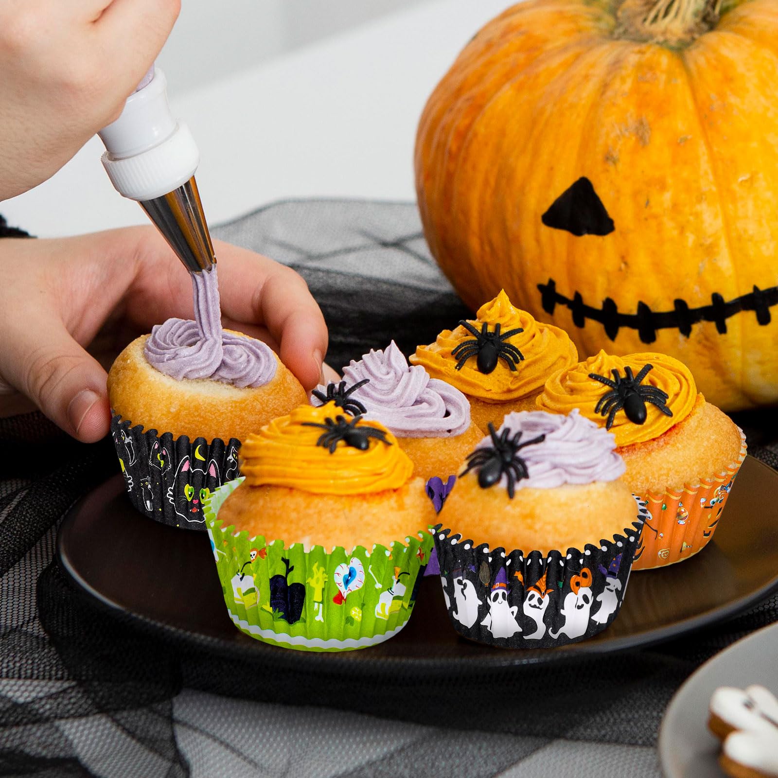 Anydesign 600Pcs Halloween Cupcake Liners Baking Cups Pumpkin Ghost Mummy Frankenstein Vampire Black Cat Pattern Cupcake Wrapper