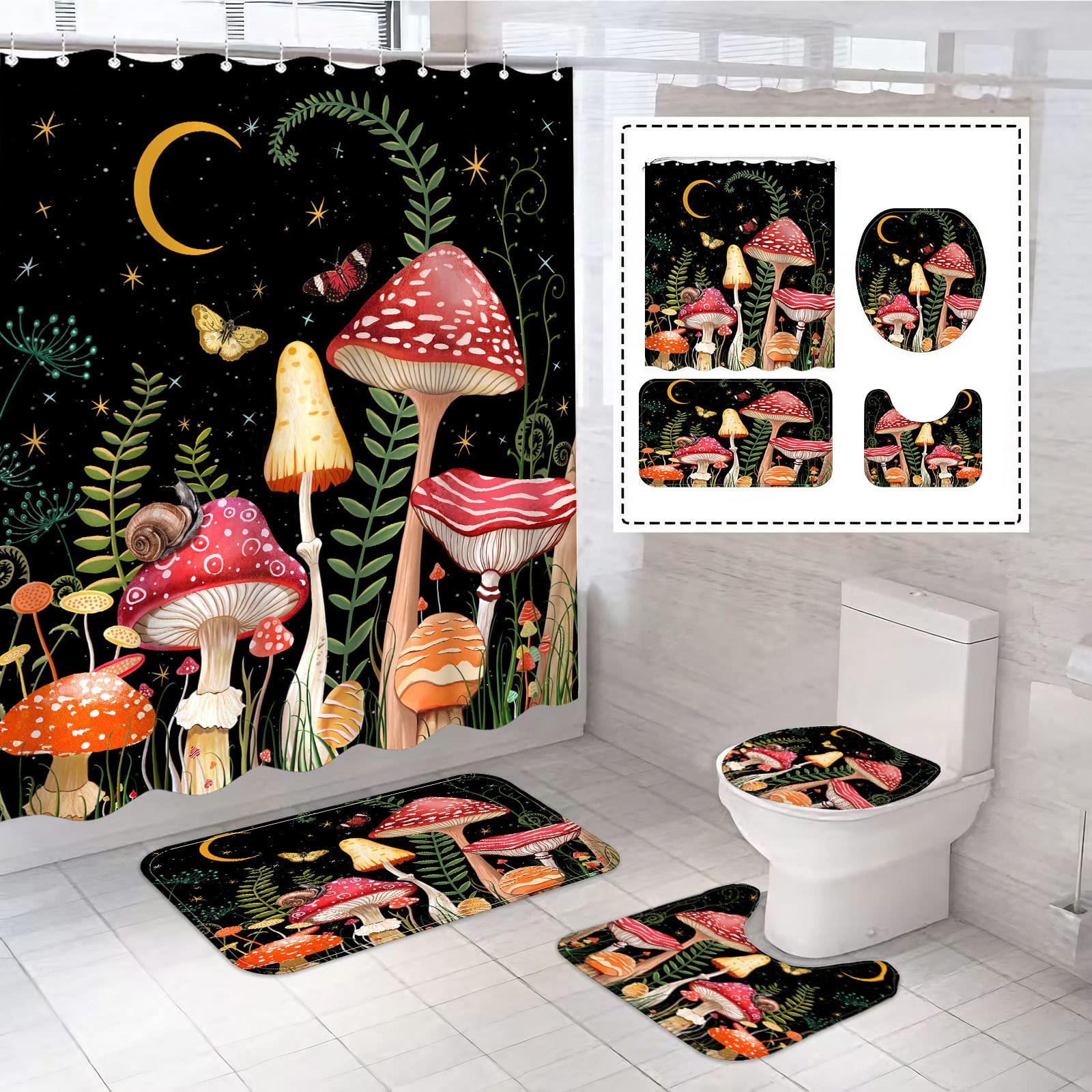 Fungarth 4 Pcs Mushroom Shower Curtain Set With Rug Black Red Floral Bathroom Sets With Waterproof Fabric Shower Curtain And Non