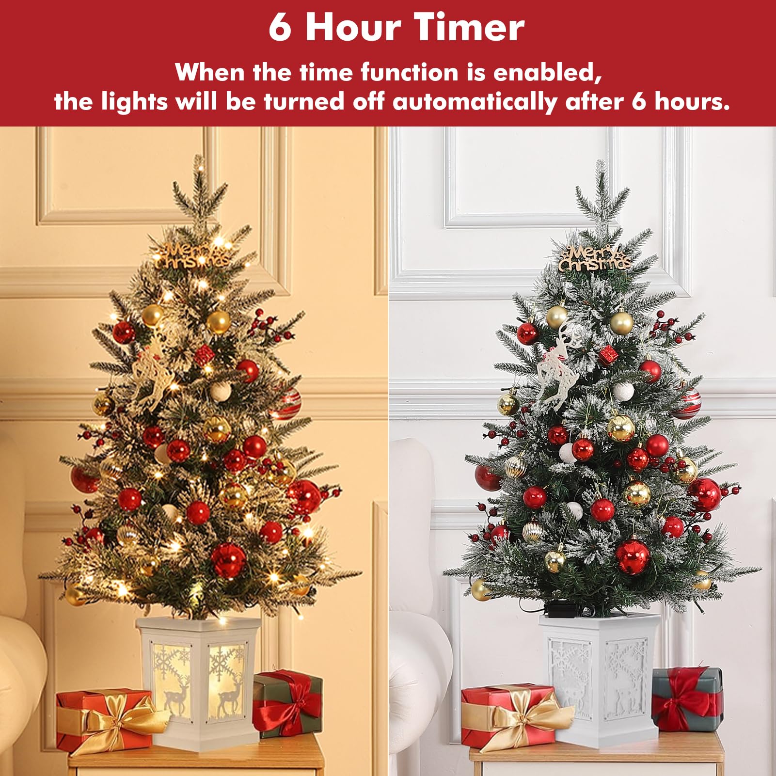 GarveeHome 3 ft Pre-Lit Christmas Tree Set of 2, Artificial Christmas Trees with 78 LED Lights, Snow Flocked Prelit Xmas Tree wi