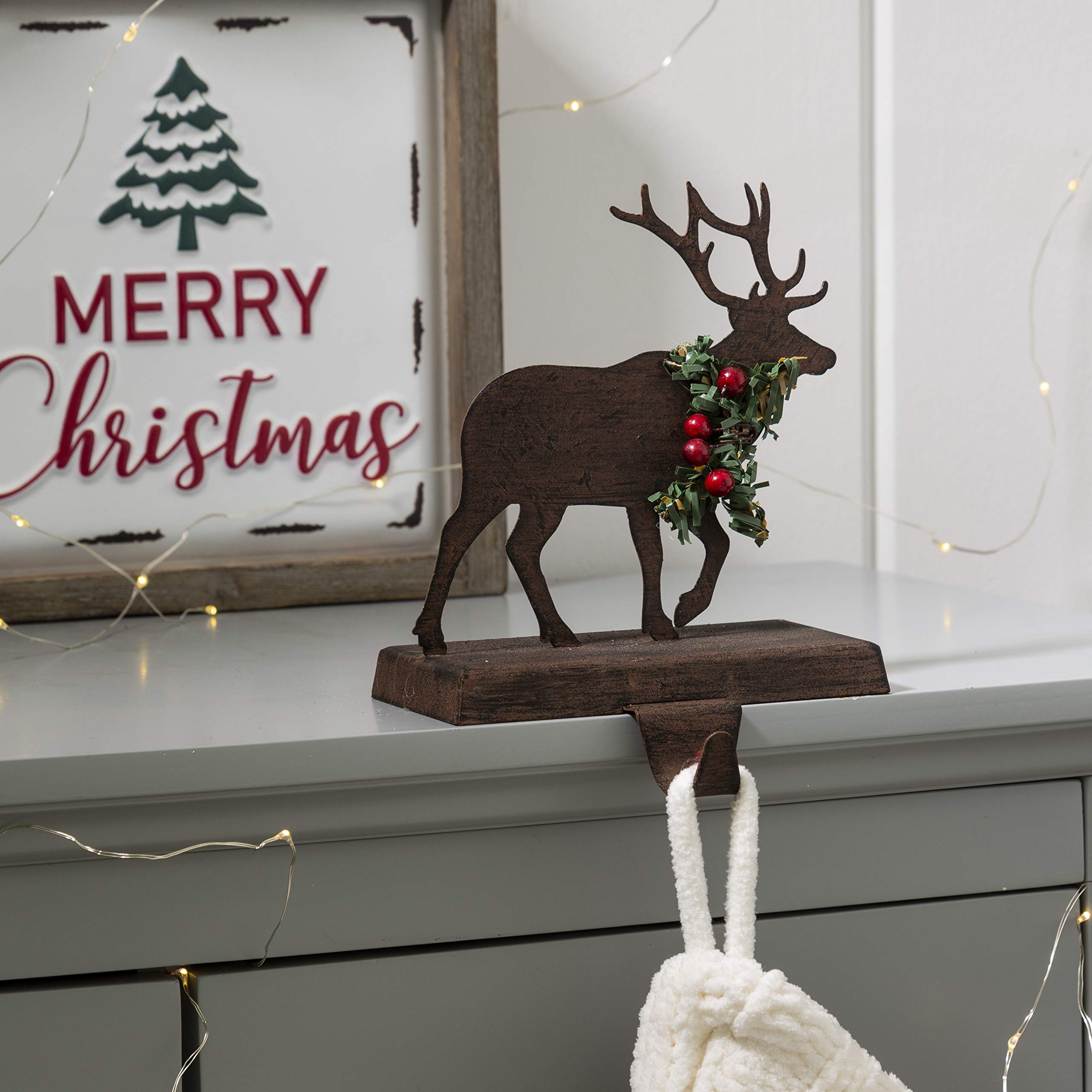 Glitzhome 2 Pcs Metal Reindeer Stocking Holder, 6.5 Inch Xmas Hanging Hooks for Stockings Stocking Hanger Christmas Indoor Decor