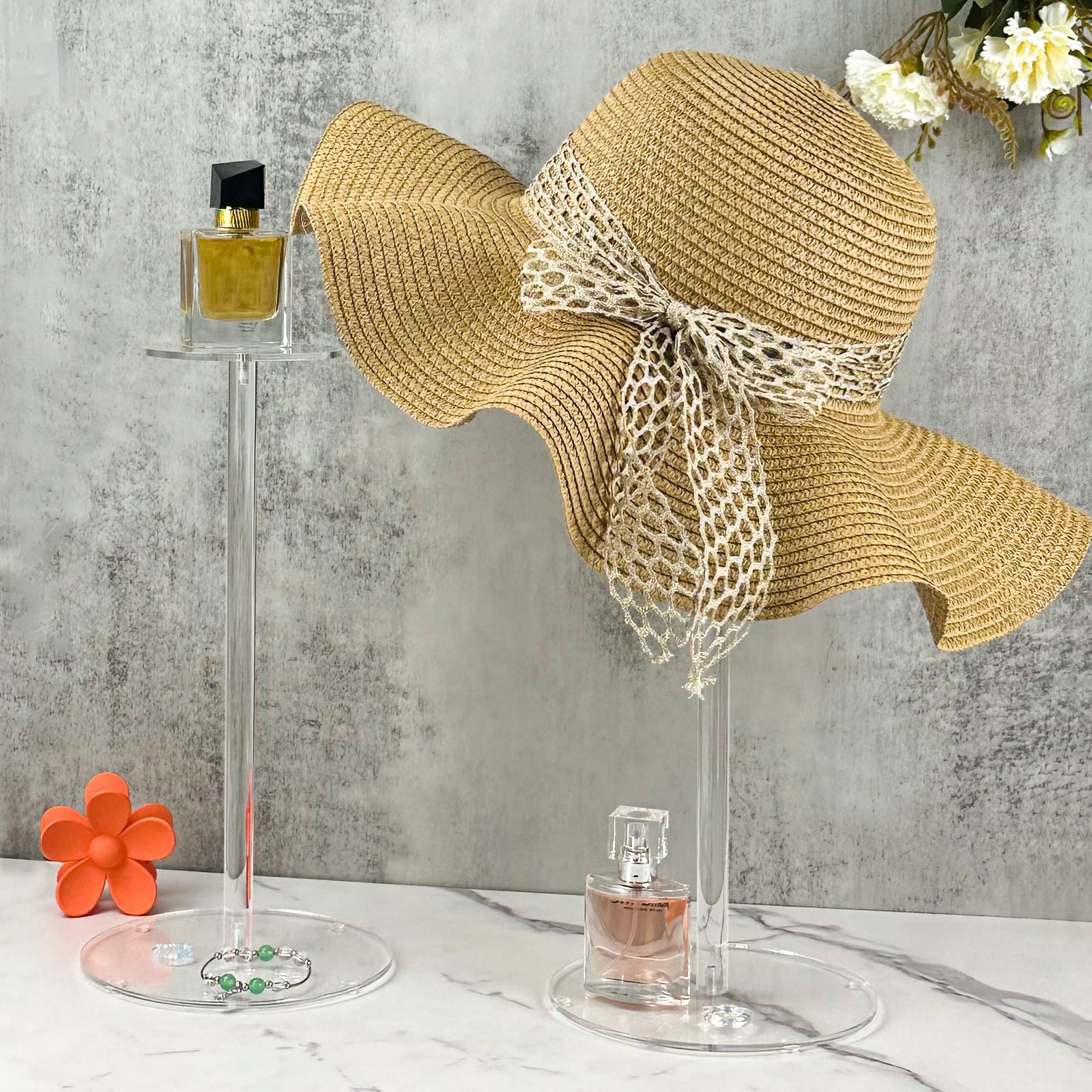Rssciiiul Acrylic Hat Stand And Wig Display Rack, 2Pcs 17'' Clear Hat Stands For Display, Adjustable Height Hat Holder, Round Ba