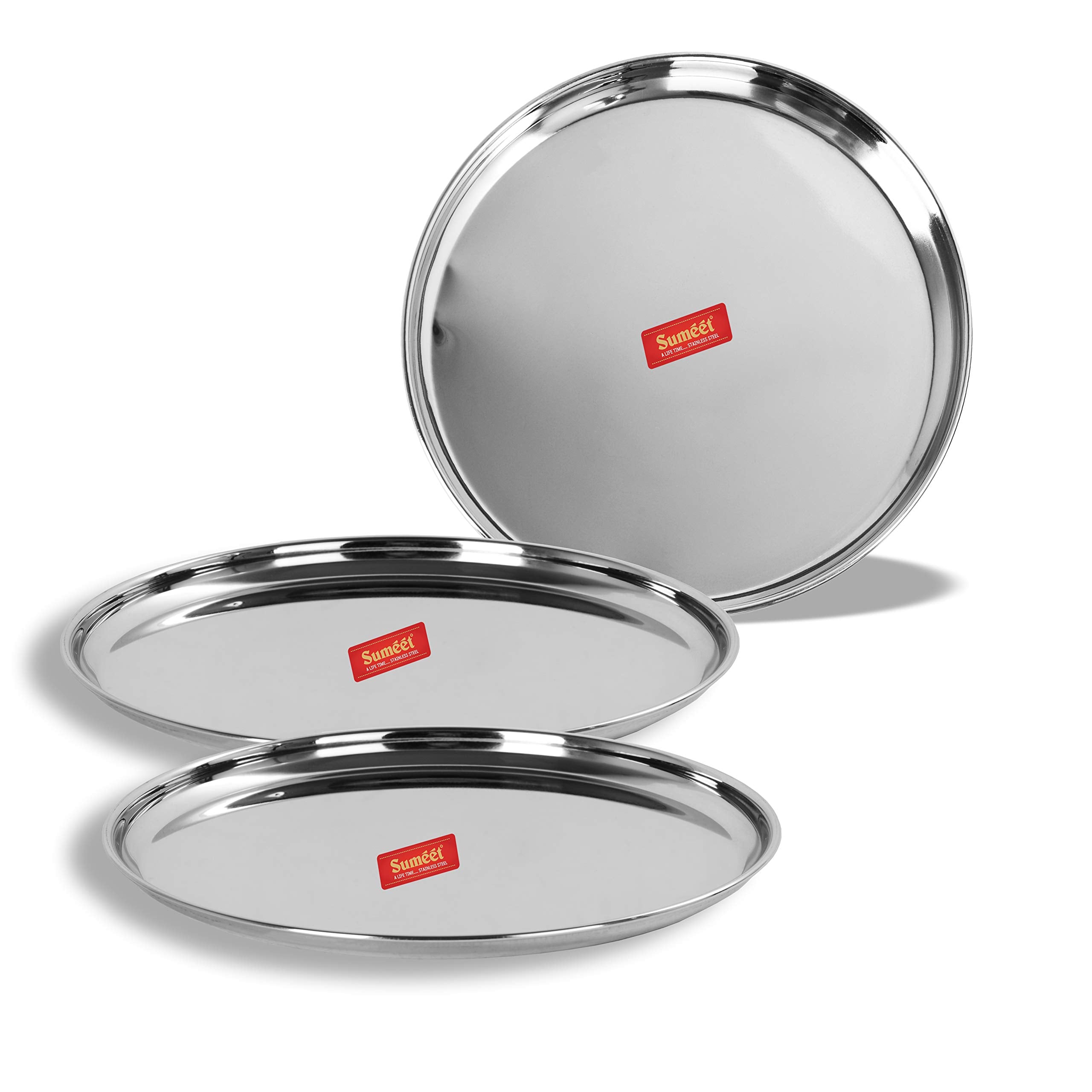 Sumeet Stainless Steel Plates  Set Of 3, White