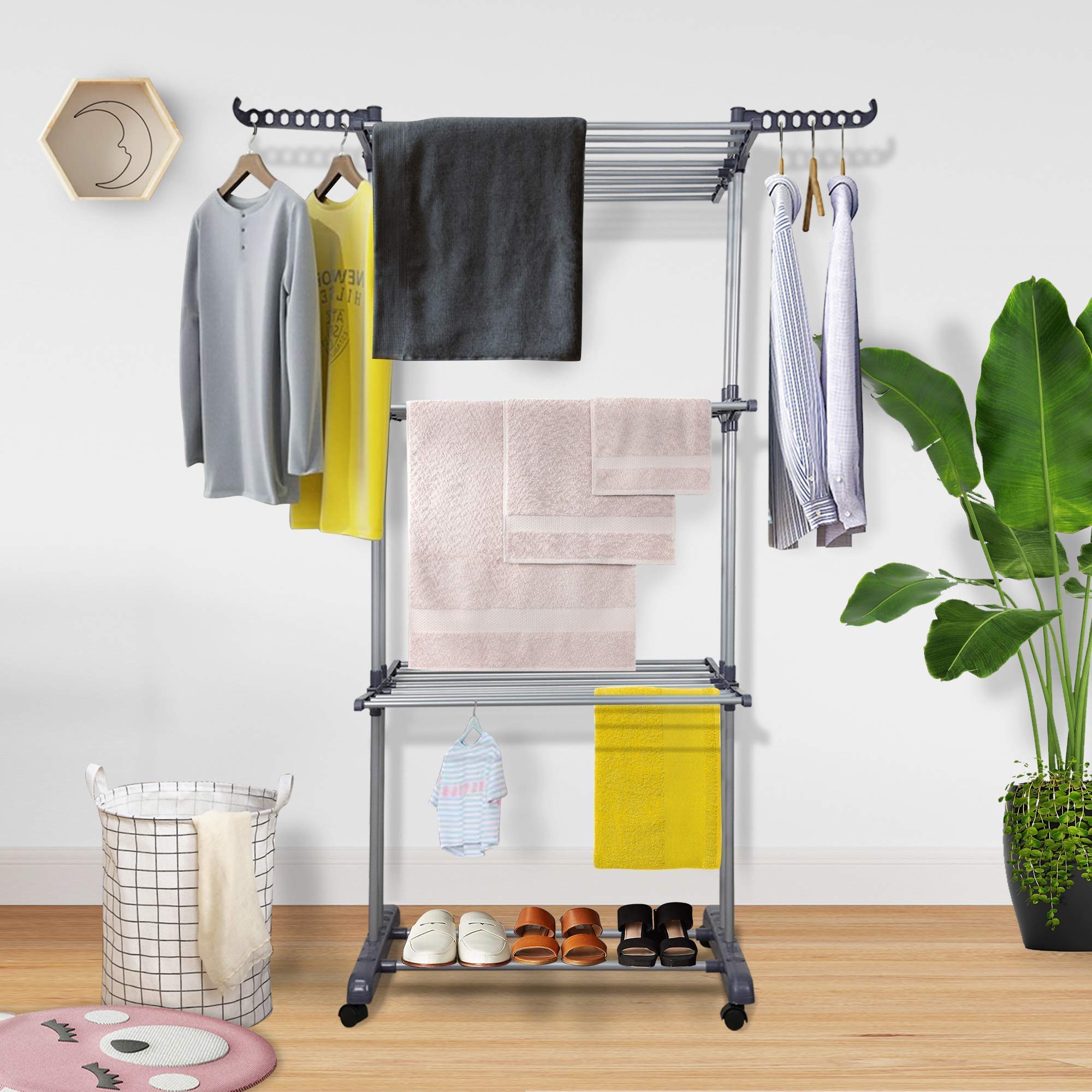 YOUUD Clothes Drying Rack 3-Tiers with Retractable Trays  Collapsible Shelves  Rolling and Base with Casters  Stainless Laundry Dryer Indoor or Outdoor Standing Rack