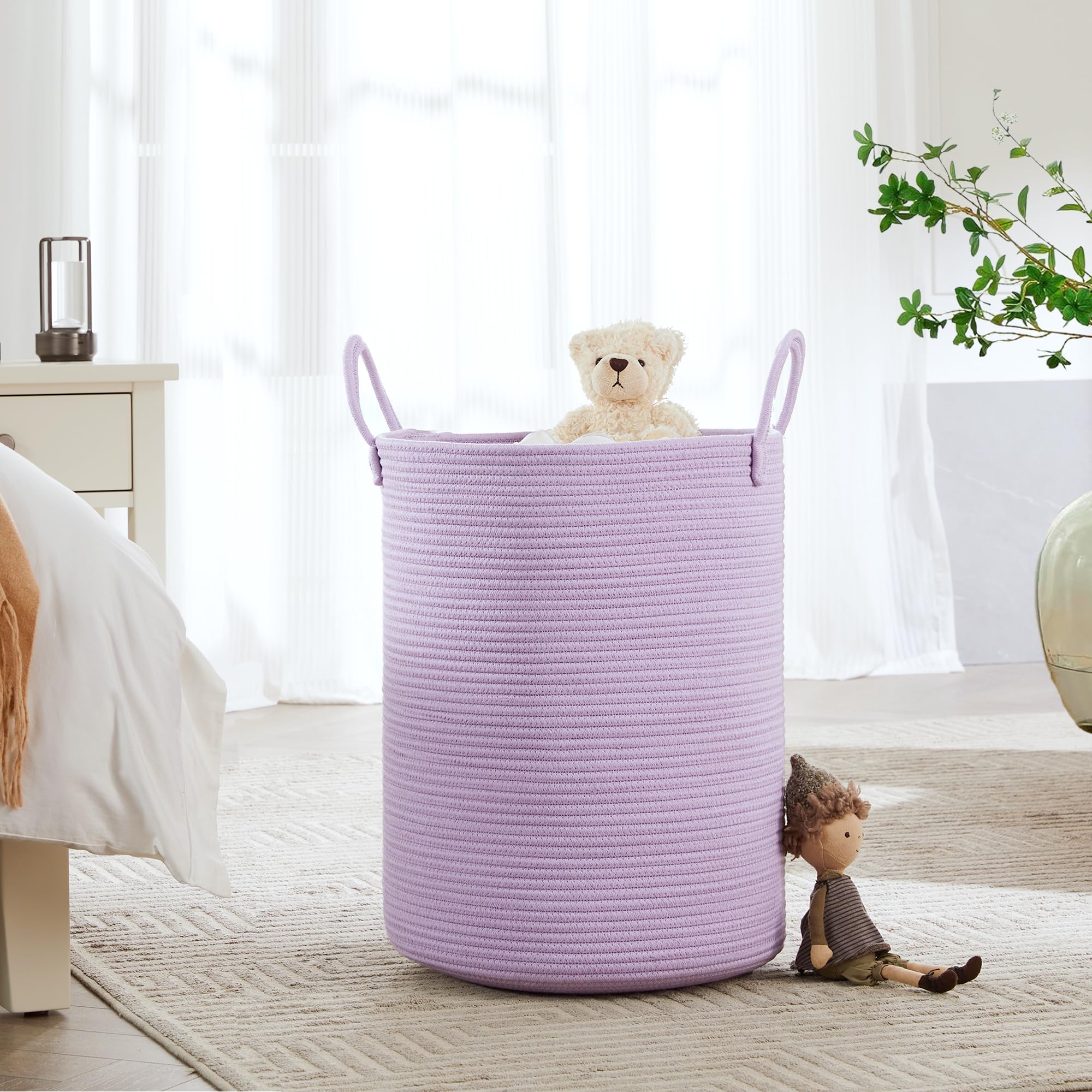 Mojoscend 60L Large Purple Laundry Basket Hamper For Clothes Storage Basket For Bedroom Living Room, 15Dx20H Inches Purple Room