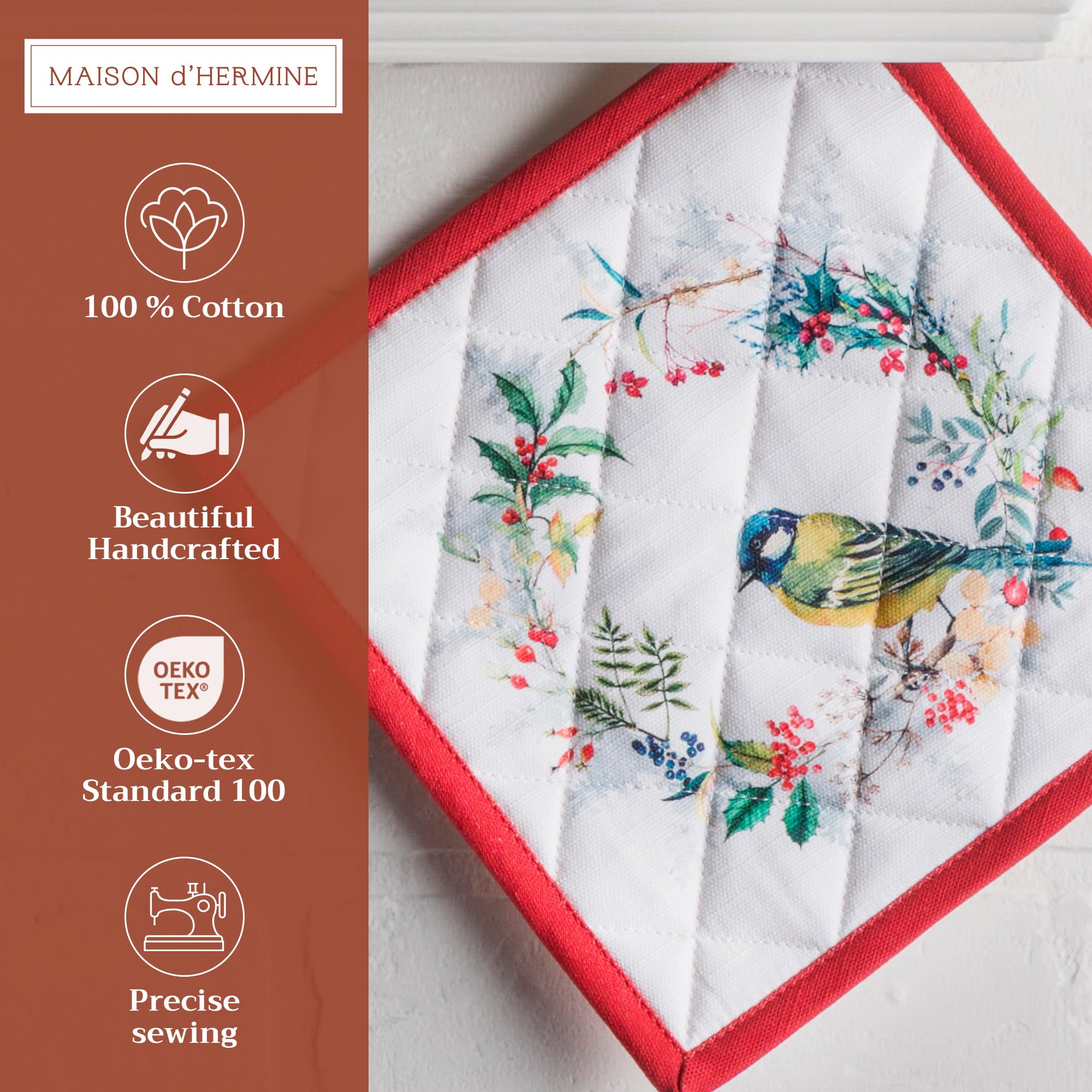 Maison d' Hermine Hot Pads 100% Cotton Pot Holders Set of 2 with Hanging Loop Potholder  Heat Resistant for Gifts  Grilling & Microwave Barbeque  Morzine - Thanksgiving/Christmas (8''x8'')
