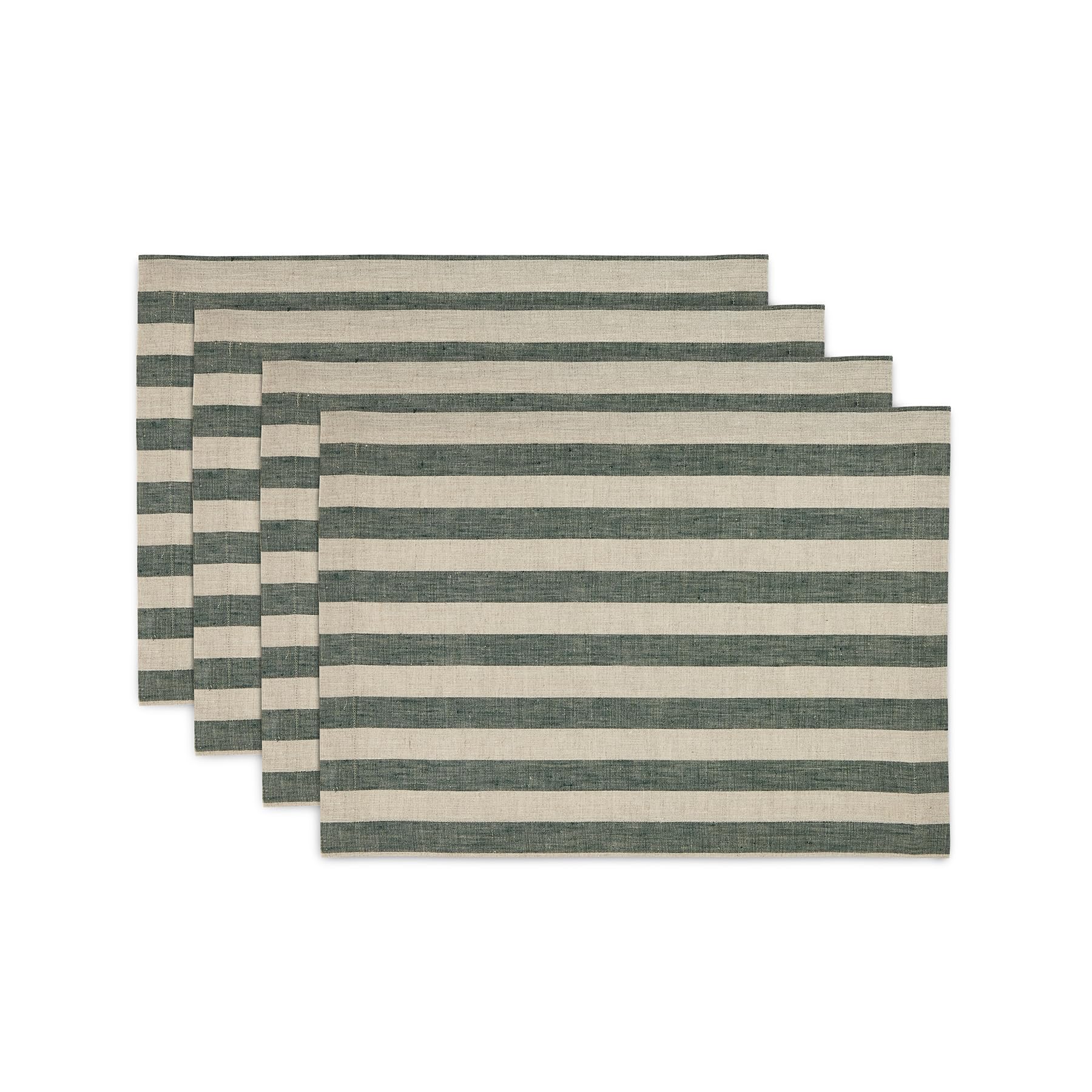Solino Home Stripe Linen Placemats 19'' L X 14'' W Inch - 100% Pure Linen Hunter Green And Natural Cloth Placemats Set Of 4 - So