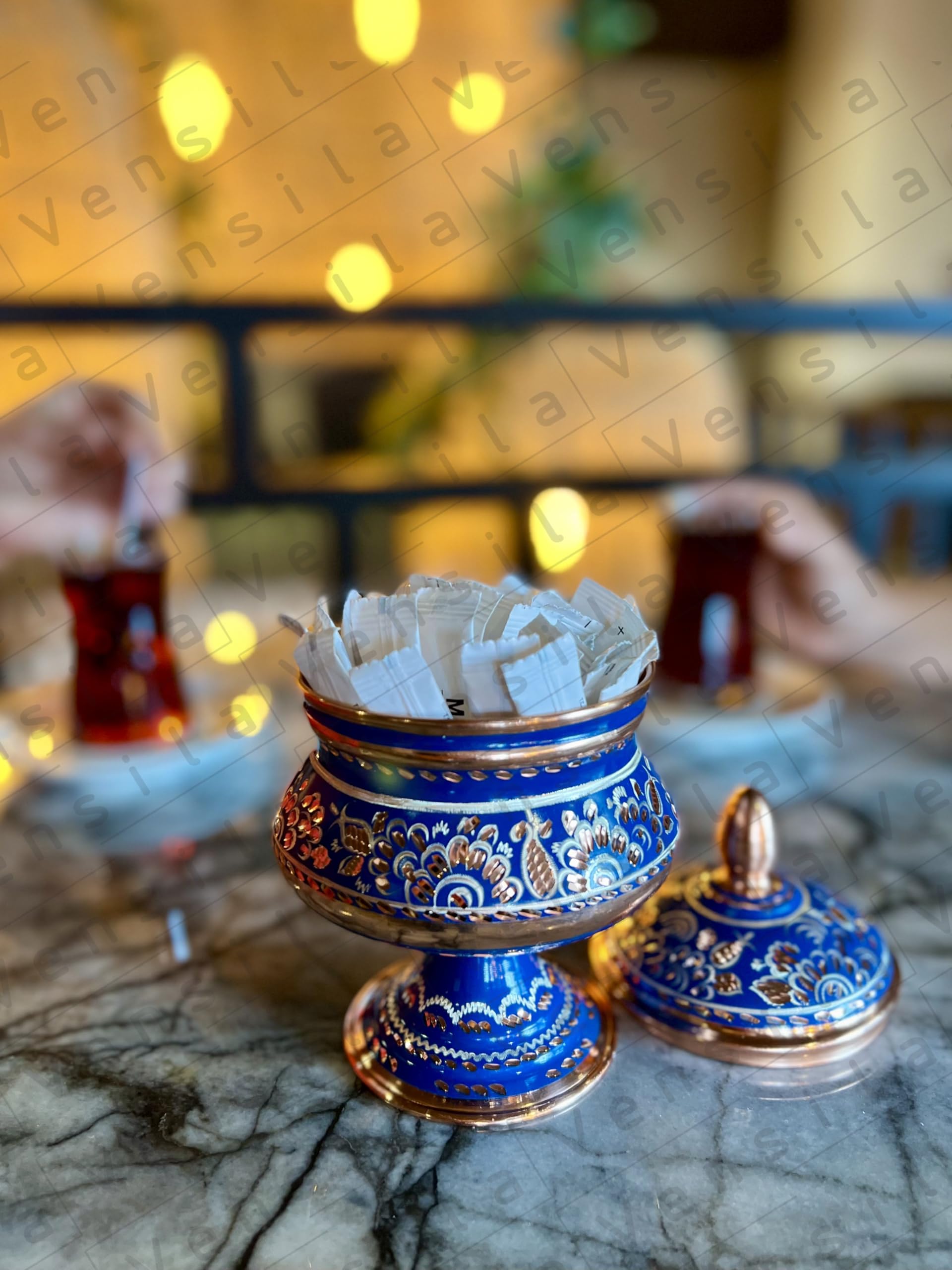 Vensila Copper Sugar Bowl With Lid || Handmade Patterned Candy Container || Housewarming Gift For Weddings And Christmas || Blue
