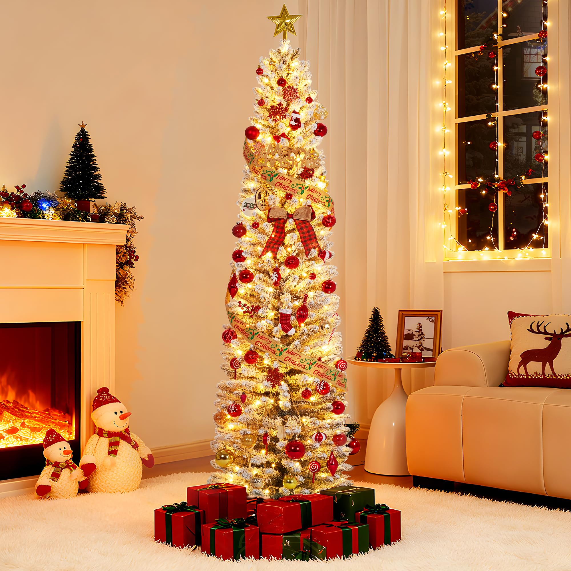 9Ft Pre-Lit Snow Flocked Pencil Christmas Tree, Fir Hinged Slim Skinny Corner Xmas Tree with 310 Incandescent Warm White Lights 