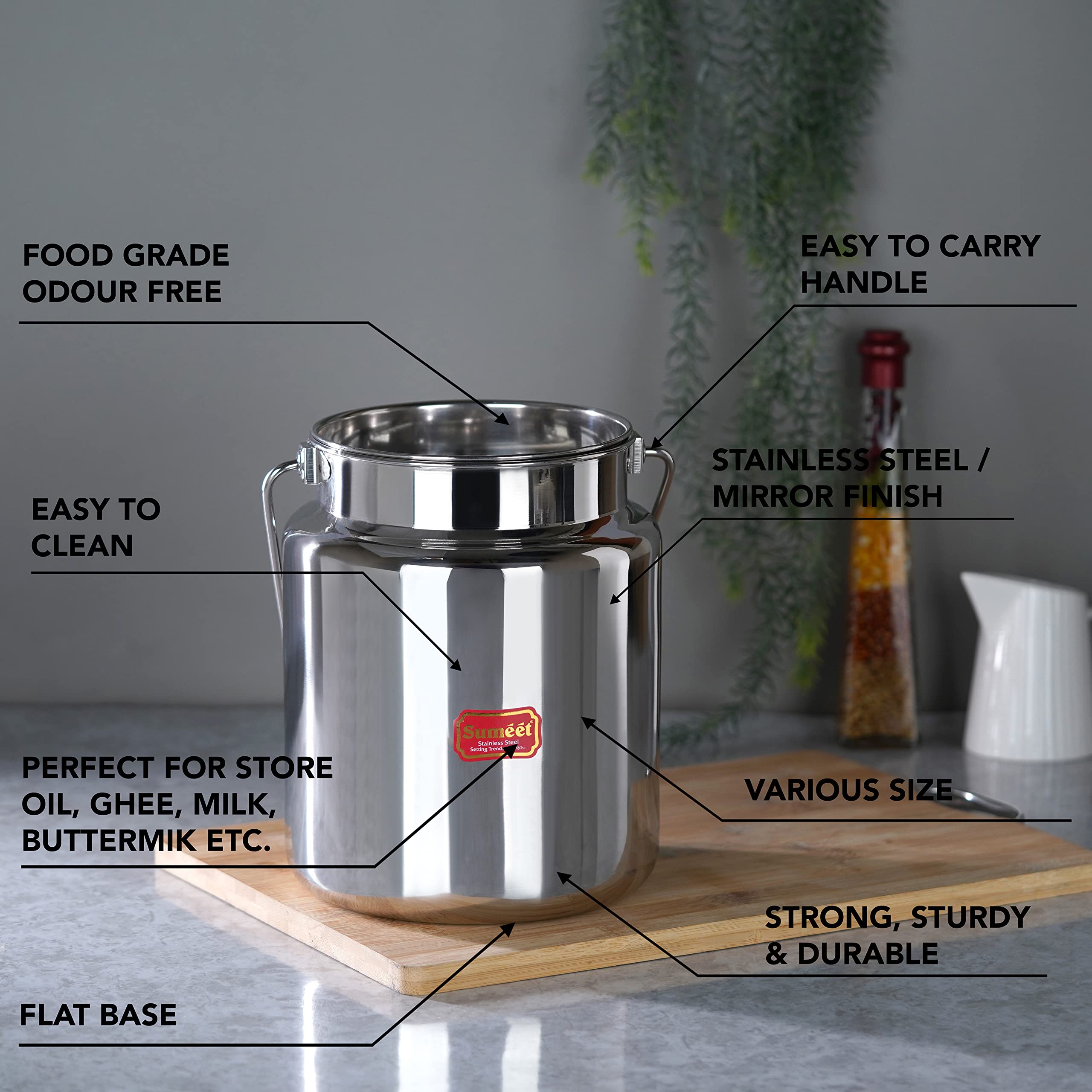 Sumeet Stainless Steel Akhand - Jointless Milk Can/Oil Can/Milk Barni/Oil Pot With Lid, 1250Ml Capacity, 11Cm Dia, Silver
