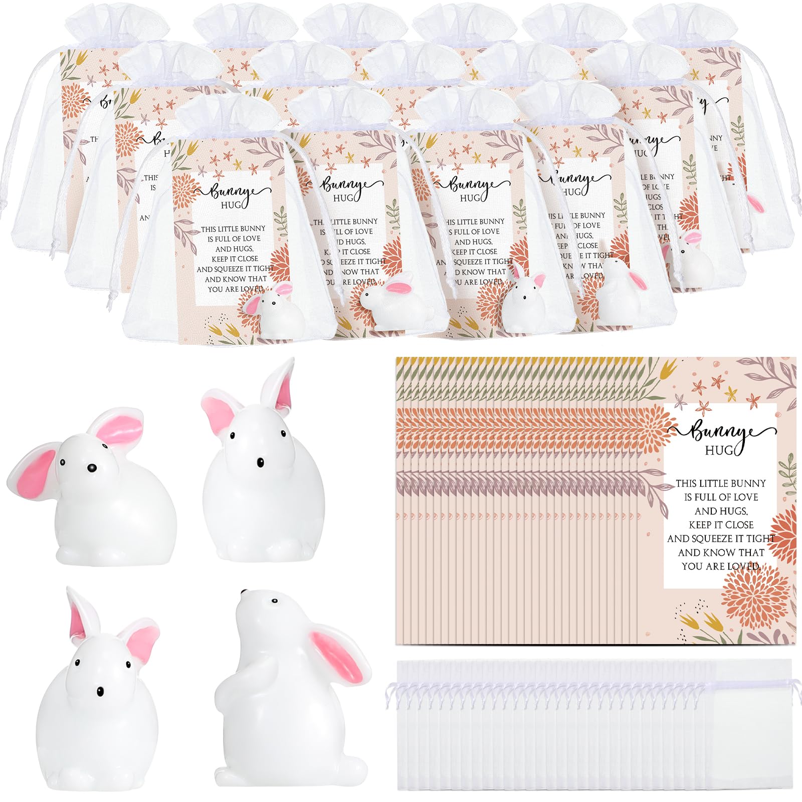 Tatuo 48 Sets Easter Mini Bunnies Mini Rabbit Figurines Cake Topper Motivational Bunny Card Gift Bags Hug Inspirational Gift for