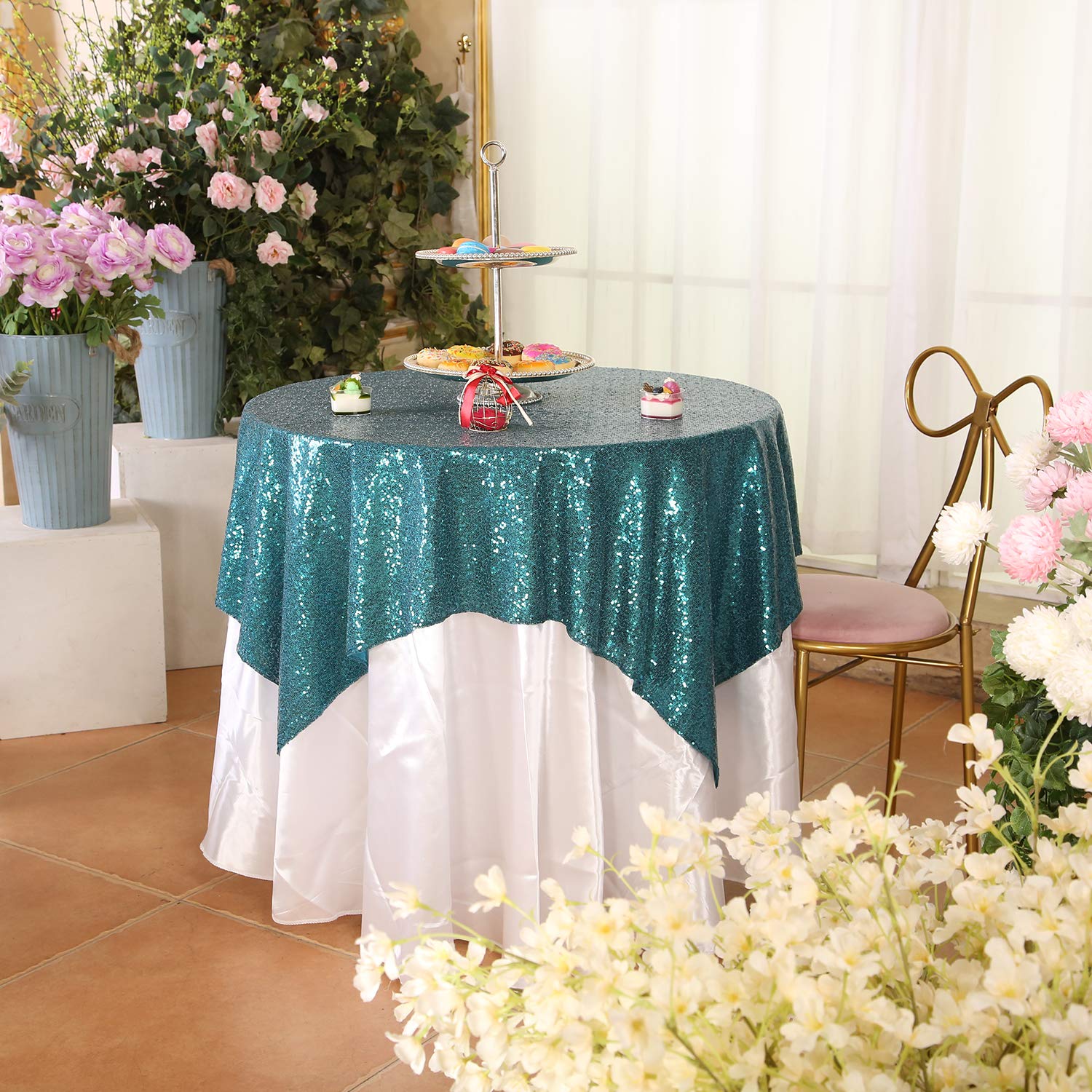 Eternal Beauty Teal Square Sequin Tablecloth Sequin Overlay Tablecloth For Wedding Christmas Party 48''X48''