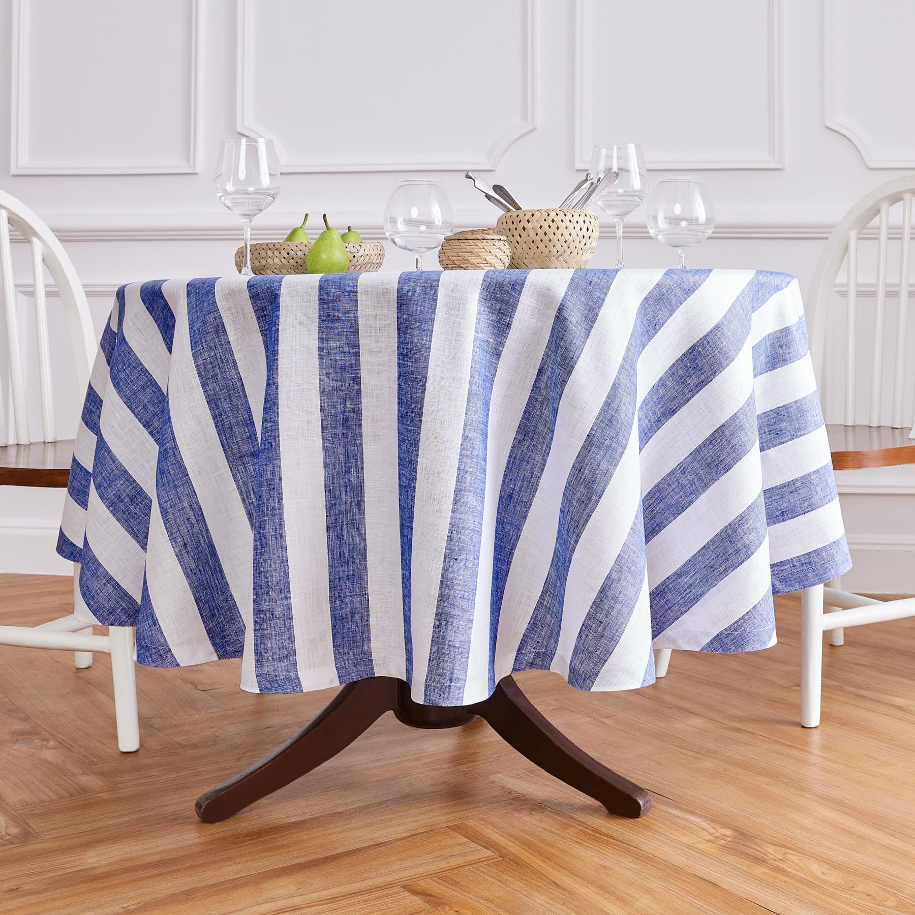 Solino Home Cabana Stripe Linen Round Tablecloth 60 Inch Diameter - 100% Pure Linen Navy And White Tablecloth For Spring, Easter