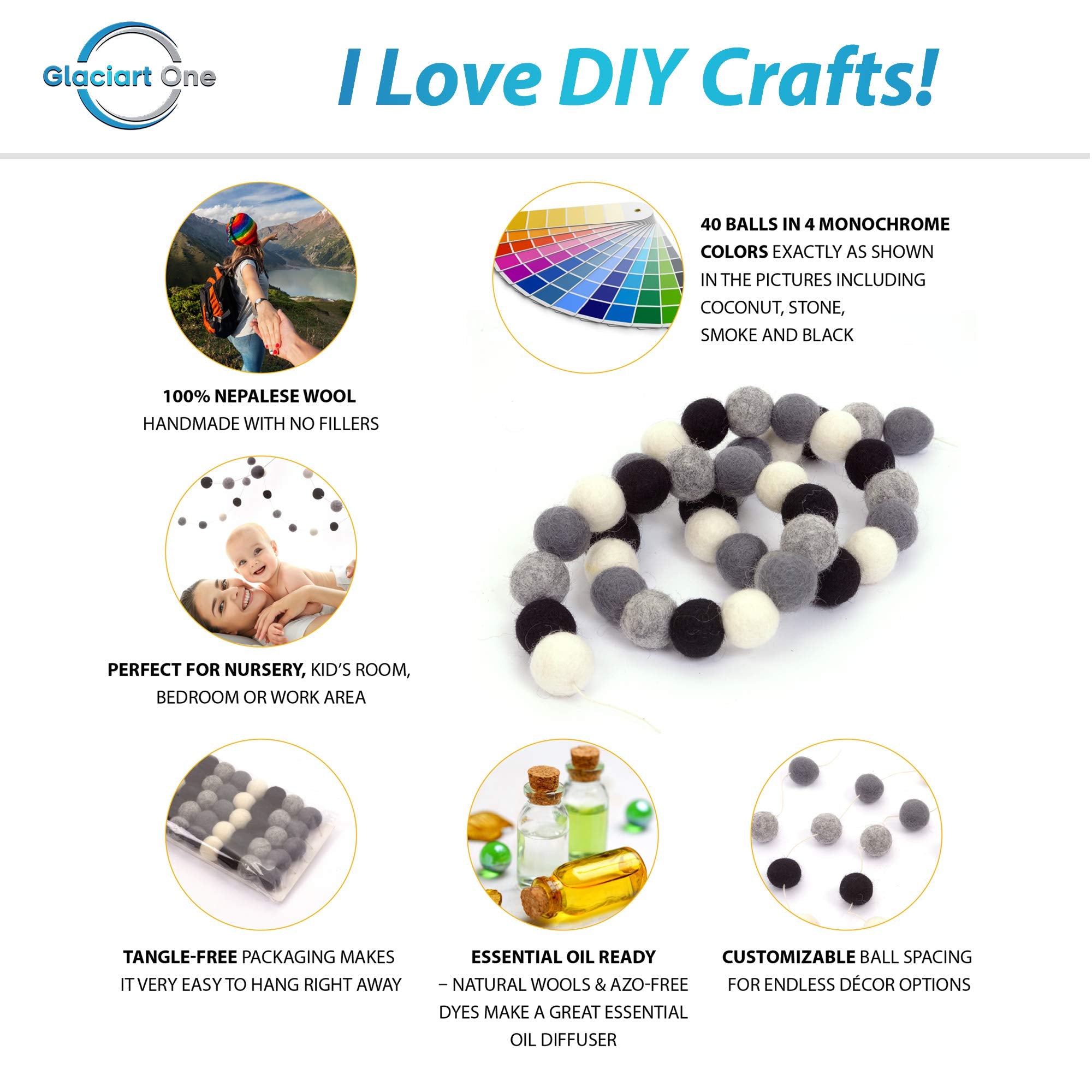 Glaciart One Pom Pom Garland - 9 Feet, 40 Balls, 4 Colors, Wool Felt Balls, Round Shape, Black