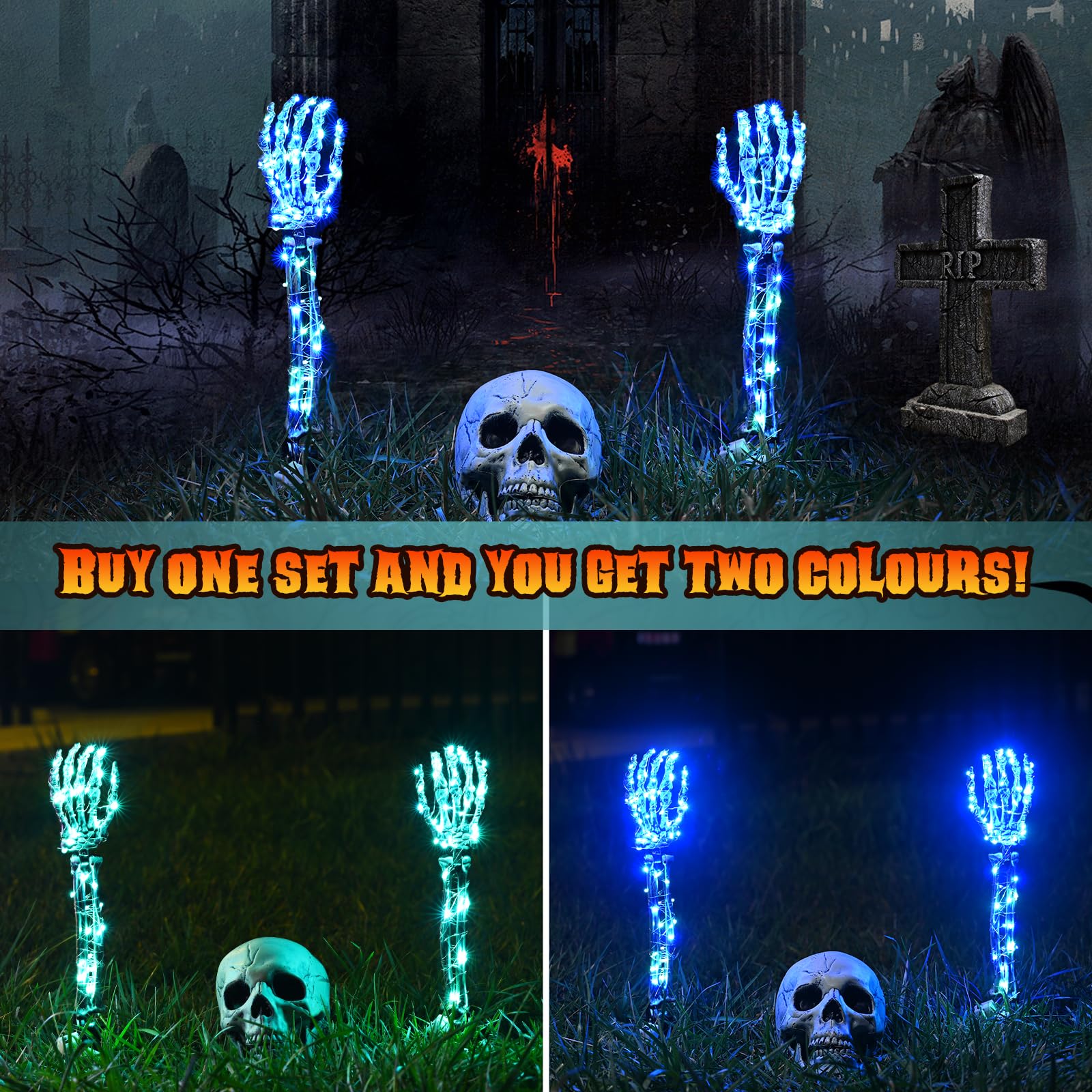 Halloween Lighted Skeleton Hands Set, 4 Pack Light Up Skeleton Arm Stakes, 4 x 3m 240 LED Green & Red Lights with 3 Modes, Reali