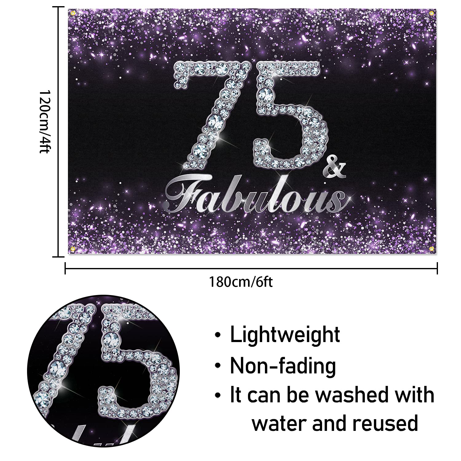 Hamigar 6X4Ft Happy 75Th Birthday Banner Backdrop - 75 & Fabulous Birthday Decorations Party Supplies For Women - Purple