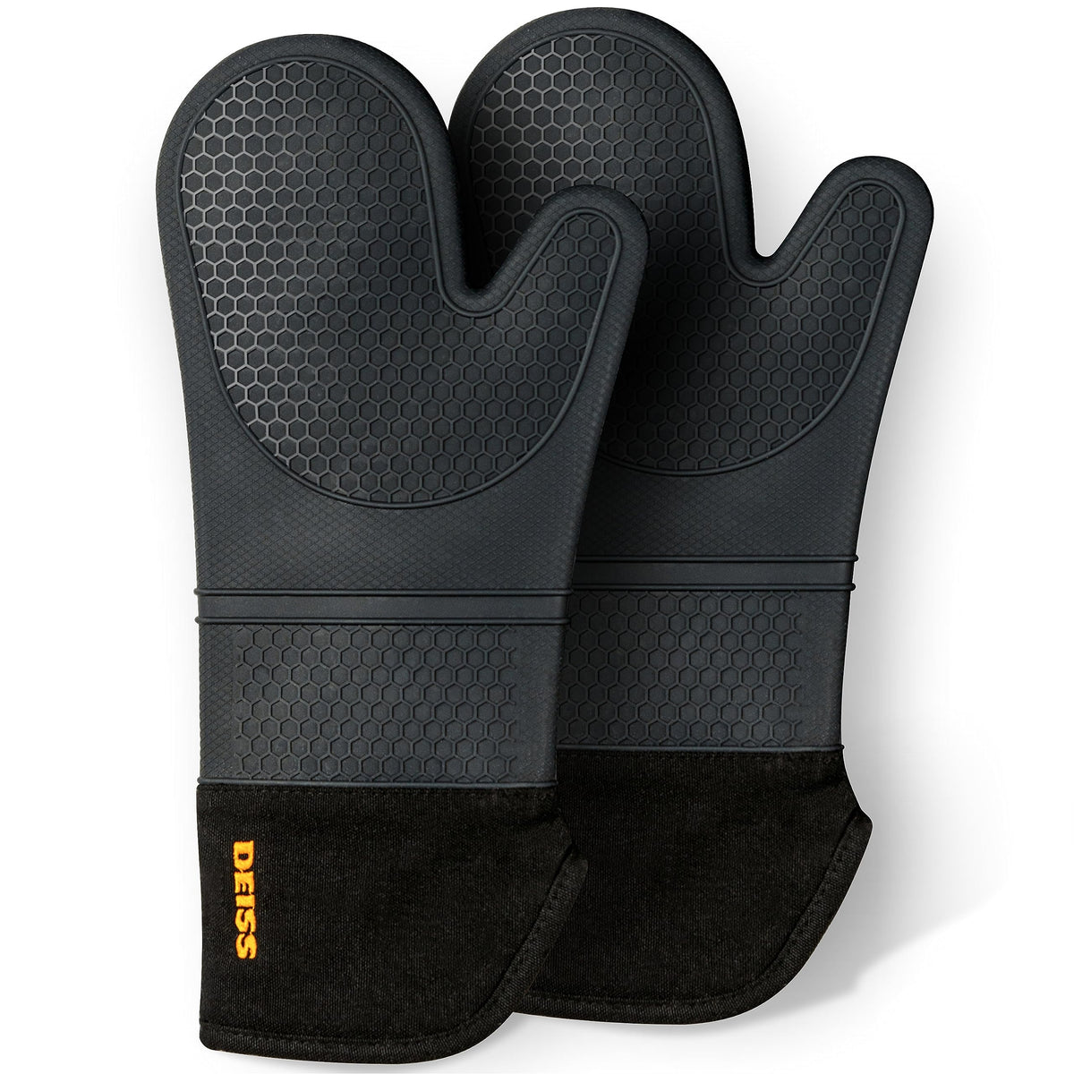 Deiss Pro Heat And Stain Resistant Silicone Oven Mitts Set, Soft Cotton Lining Bbq Gloves, Waterproof, Extra Long Flexible Thick