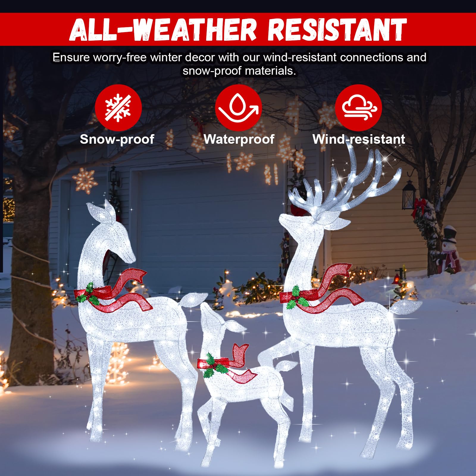 62Inch Reindeer Christmas Decoration Outdoor, 3-Piece Lighted Christmas Deer Family Set with 200 LED Cool White Lights for Yard