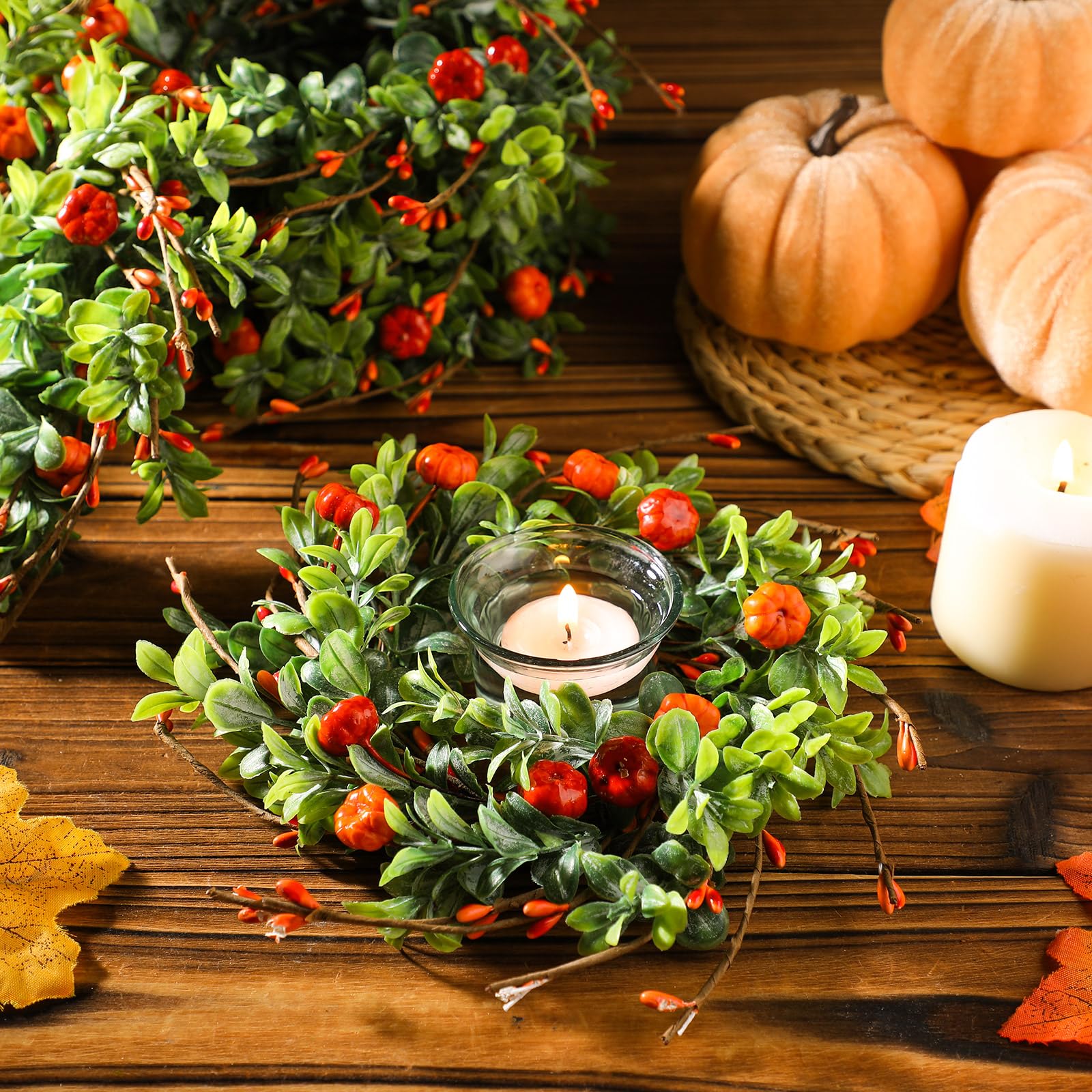 Hotop 6 Pcs Thanksgiving Candle Rings Wreaths Decorative Artificial Small Fall Wreaths Autumn Candle Holders Rattan Garland for