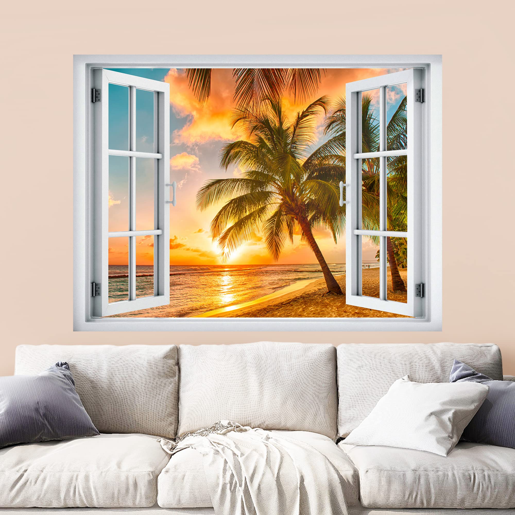 wall26 Removable Wall Sticker/Wall Mural Window View Vibrant Orange Tropical Ocean Island Sunset Nature Wilderness Photography Realism Landscape Multicolor for Living Room  Bedroom  Office - 36''x48''