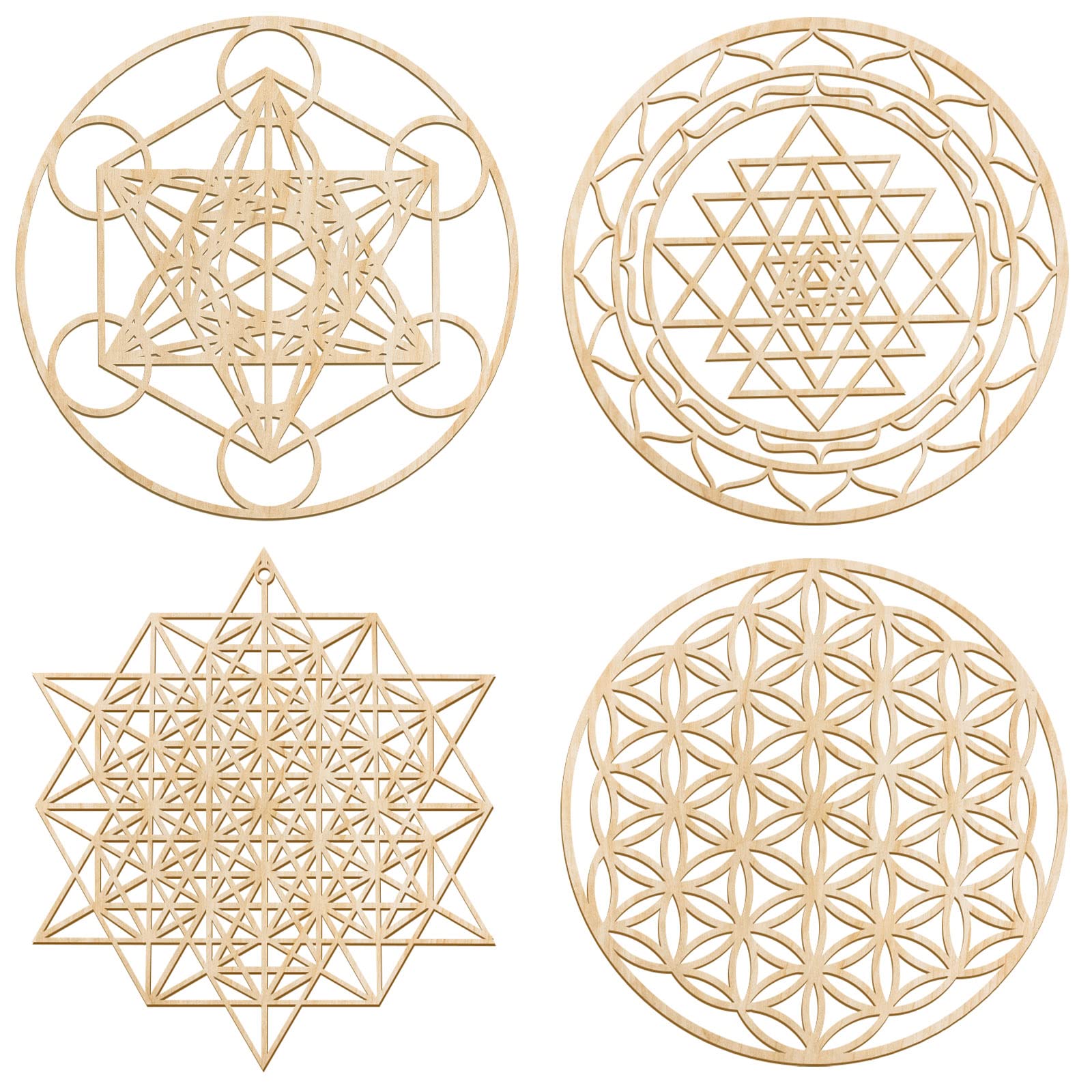 Leinuosen 4 Pcs 12 Inch Crystal Grid Board Sacred Geometric Wall Art Set Metatron Cube, Flower of Life, Sri Yantra, 64 Star Tetr