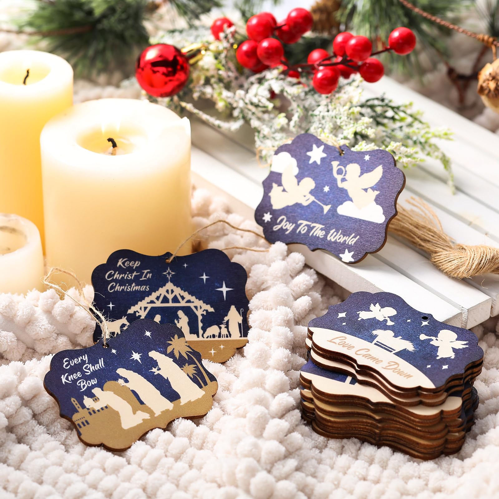 Soaoo 60 Pcs Nativity Scene Christmas Tree Ornament Christian Religious Ornaments Bulk Round Nativity Xmas Tree Hanging Wooden D
