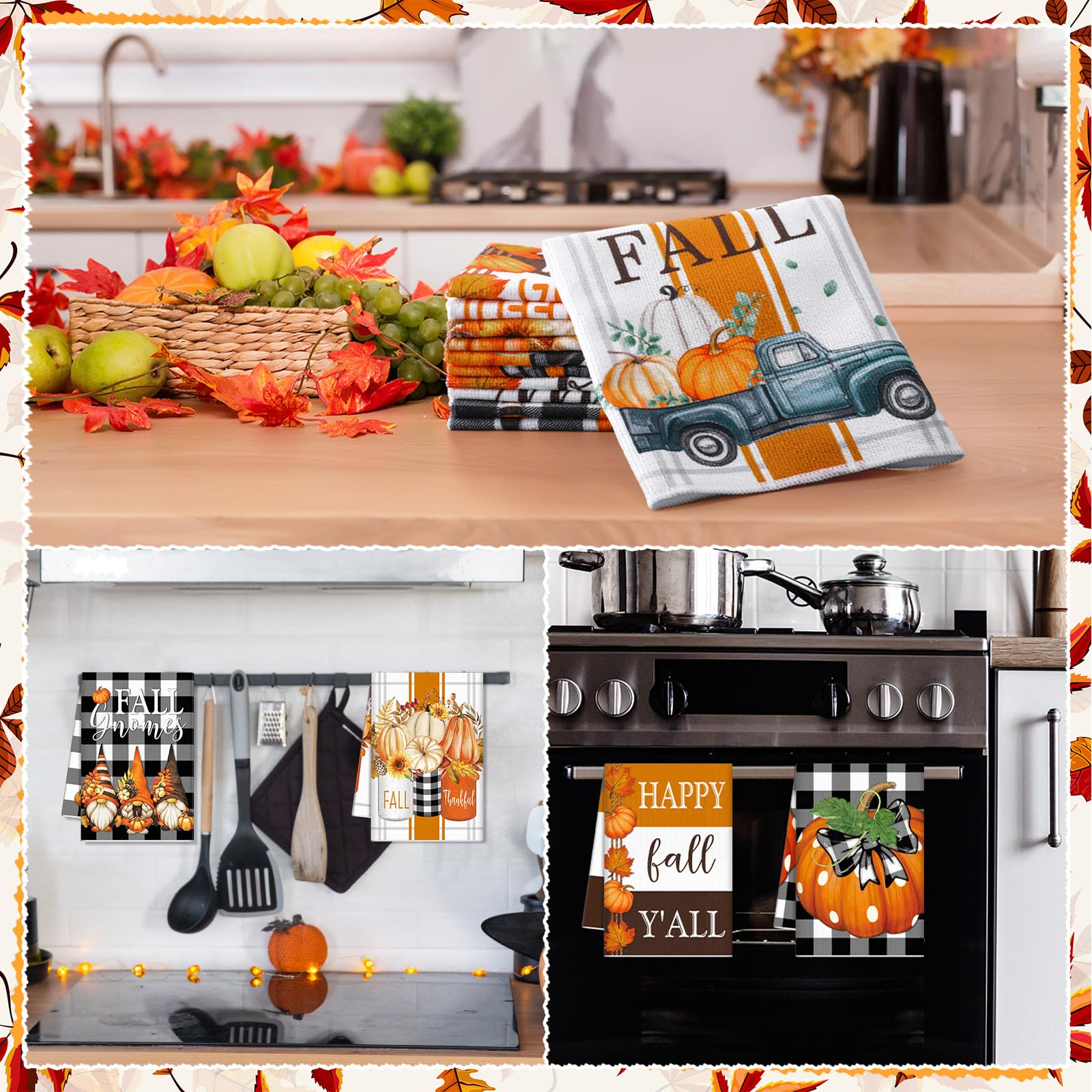 Windkream 6-Piece Fall Thanksgiving Kitchen & Bath Towels - Pumpkin Buffalo Plaid 21.26 x 14.17 Inches Autumn Tea Towels for Kit