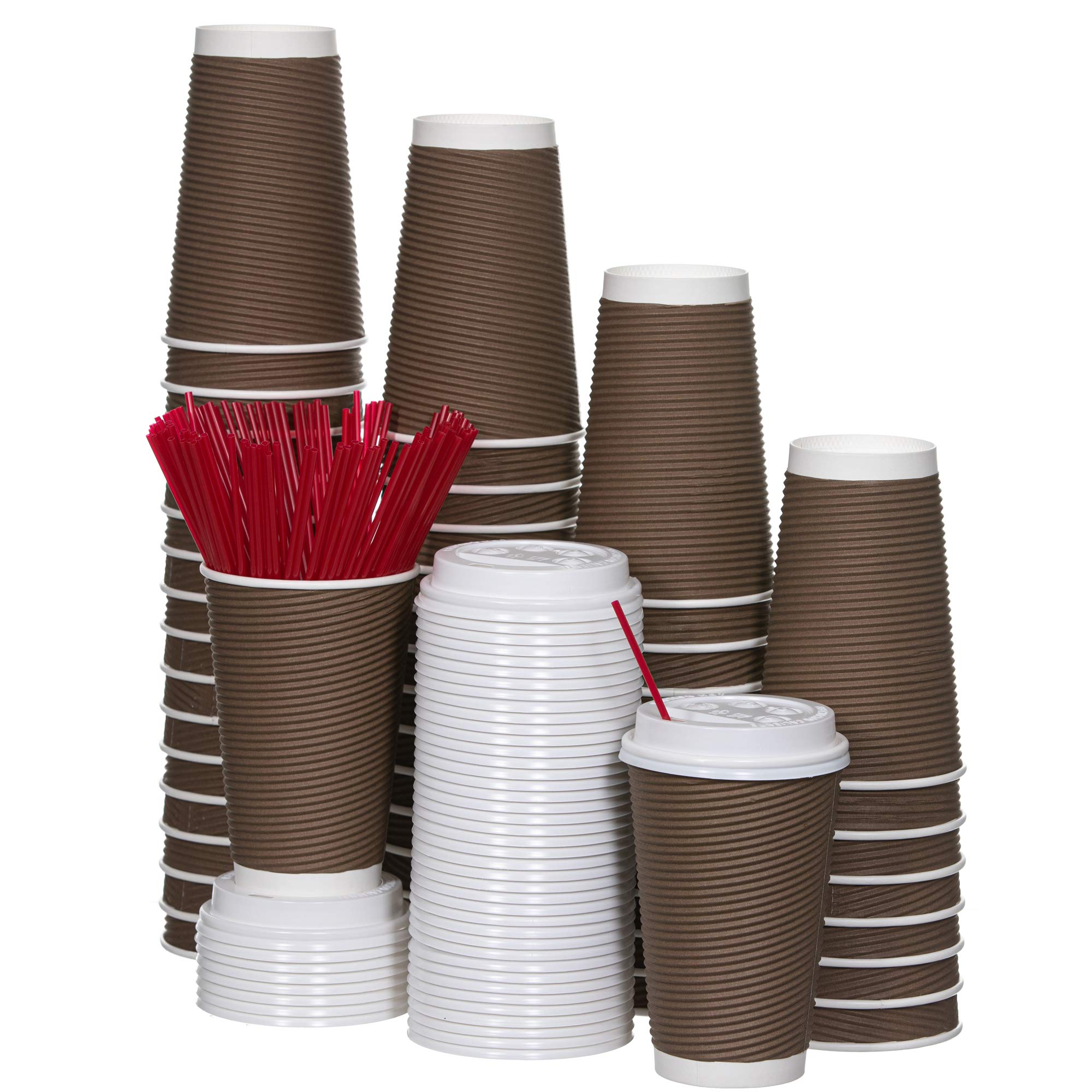 Disposable Coffee Cups With Lids And Stirrers 12 Oz (50 Set), Insulated Double Wall, No Drip Roll Up Rims, Easy To Grip Ripple D