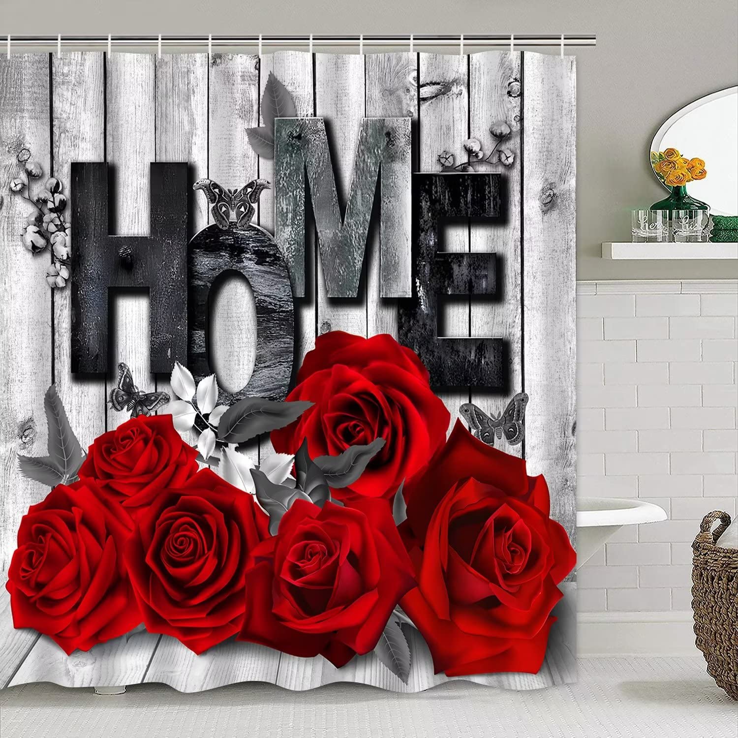 Yddsky Red Rose 4 Pcs Shower Curtain Sets Non-Slip Rugs Bath Mat Toilet Cover U Shaped Mat Black Red Shower Curtain With 12 Hook