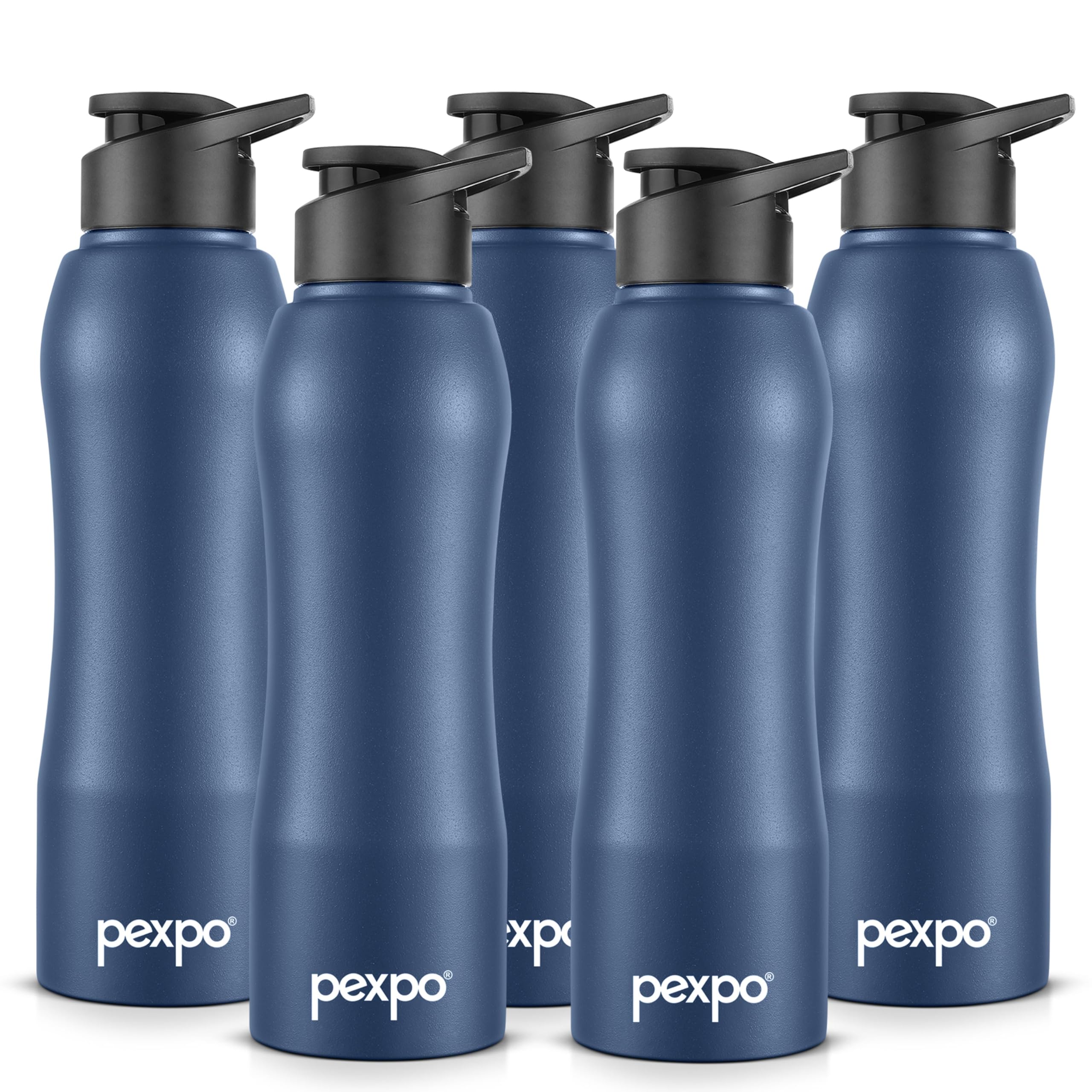 Pexpo Bistro Isi Certified Stainless Steel Fridge/Sports Sipper Water Bottle 1 Litre, Denim Blue, Pack Of 5|Single Wall|Easy Gri