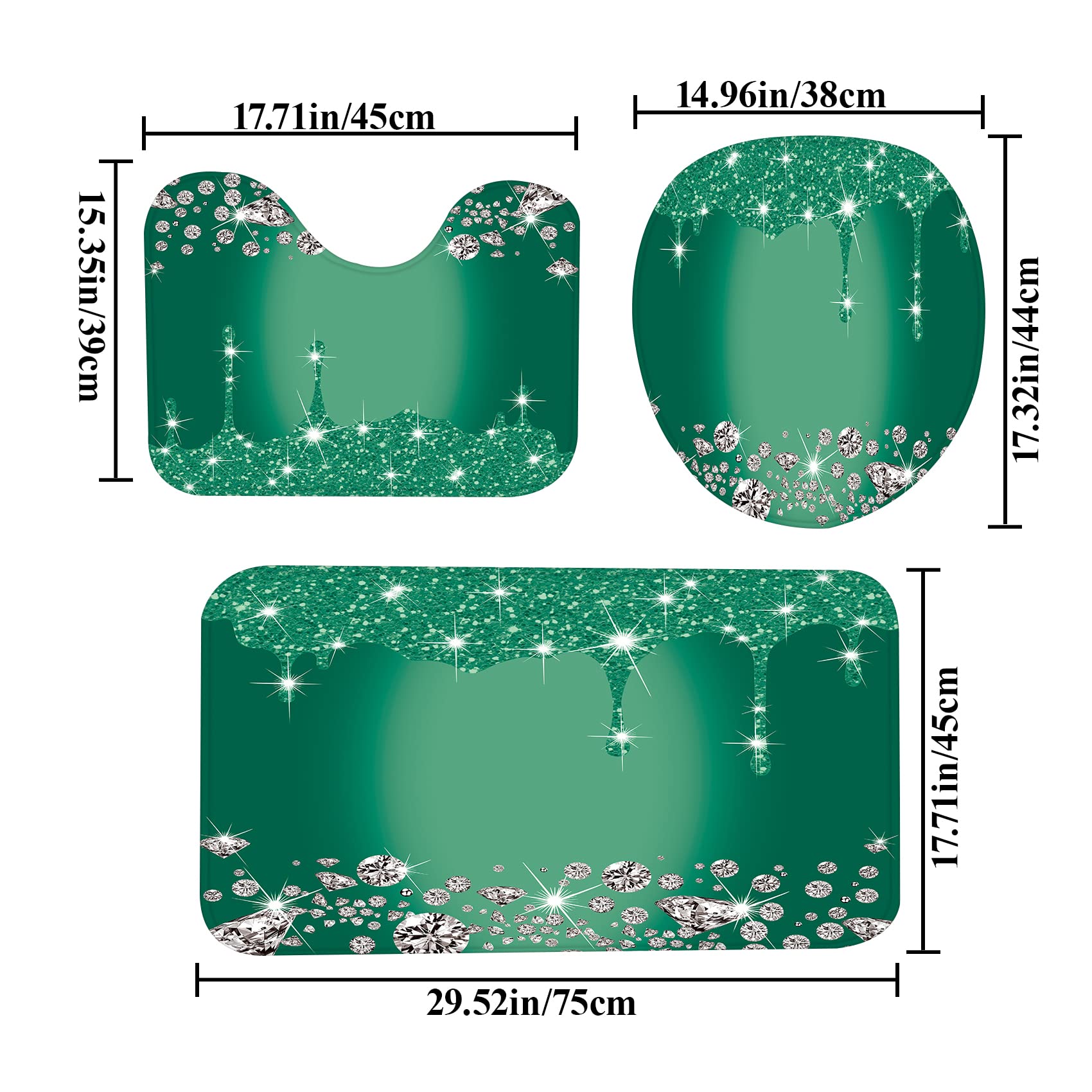 4 Pcs Glitter Diamond Shower Curtain Sets  Deep Green Shiny Drips Bath Decor with Rug and Toilet Lid Cover  Emerald Green Luxury Texture Colorful Bling Modern Bathroom Curtain with 12 Hooks  72 x 72
