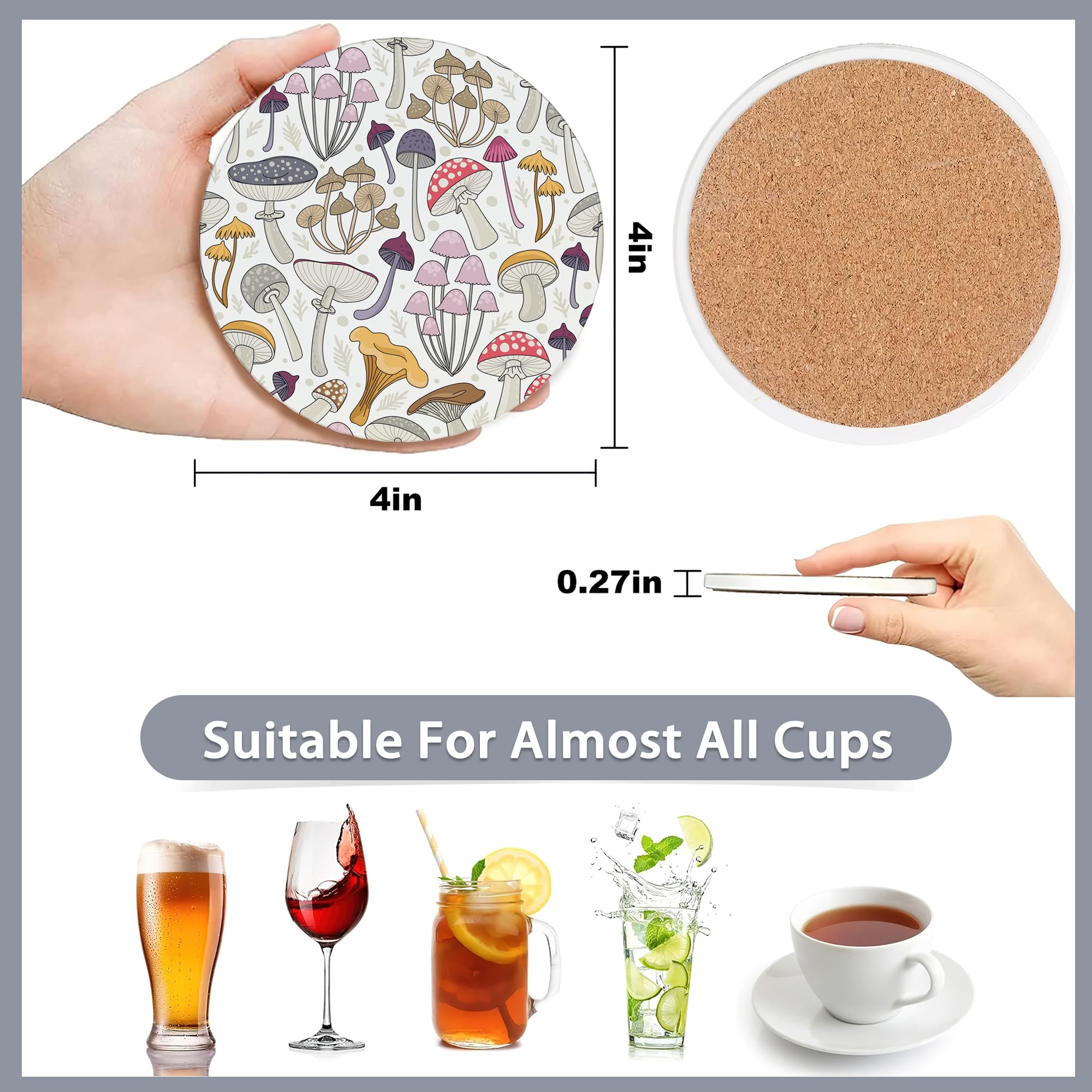 6 Pcs Coasters For Drinks With Holder,Retro Mushrooms Berries And Bugs Absorbent Coaster With Cork Backing,Great Gift For Housew