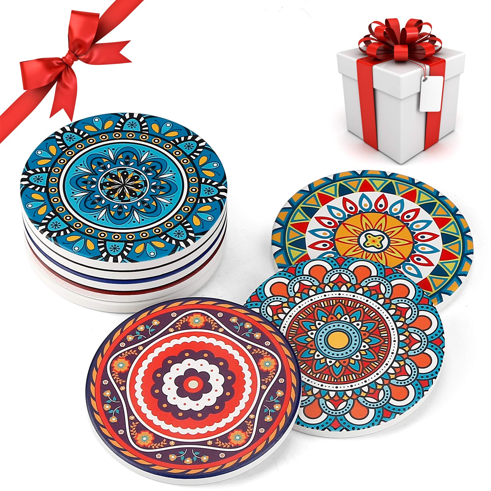 Aodini Coasters For Drinks, Set Of 8 Absorbent Stone Coasters For Wooden Table, Mandala Ceramic Coasters With Cork Base, Gift Fo