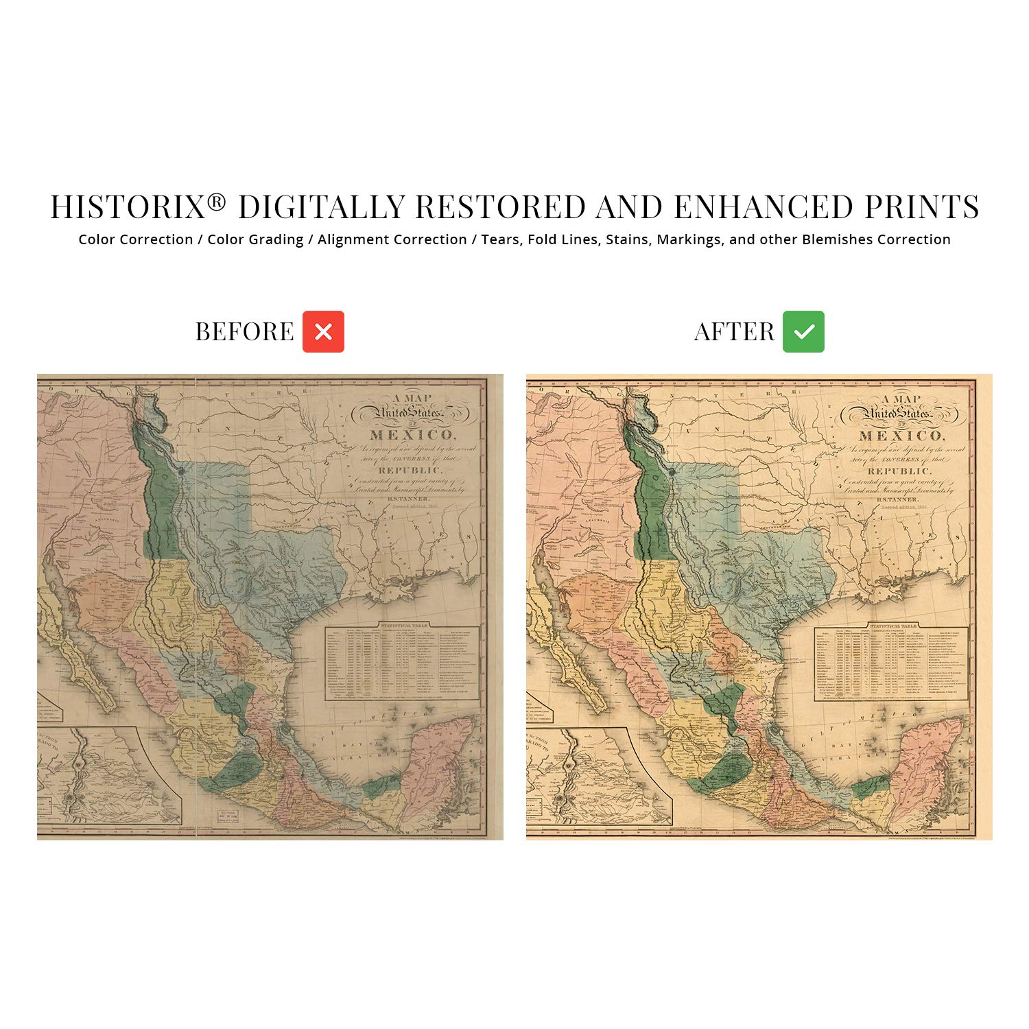 HISTORIX Vintage 1846 Mexico Map Poster - 24x36 Inch Wall Art - Paper, White/Off-White - Historic United States of Mexico Wall Map