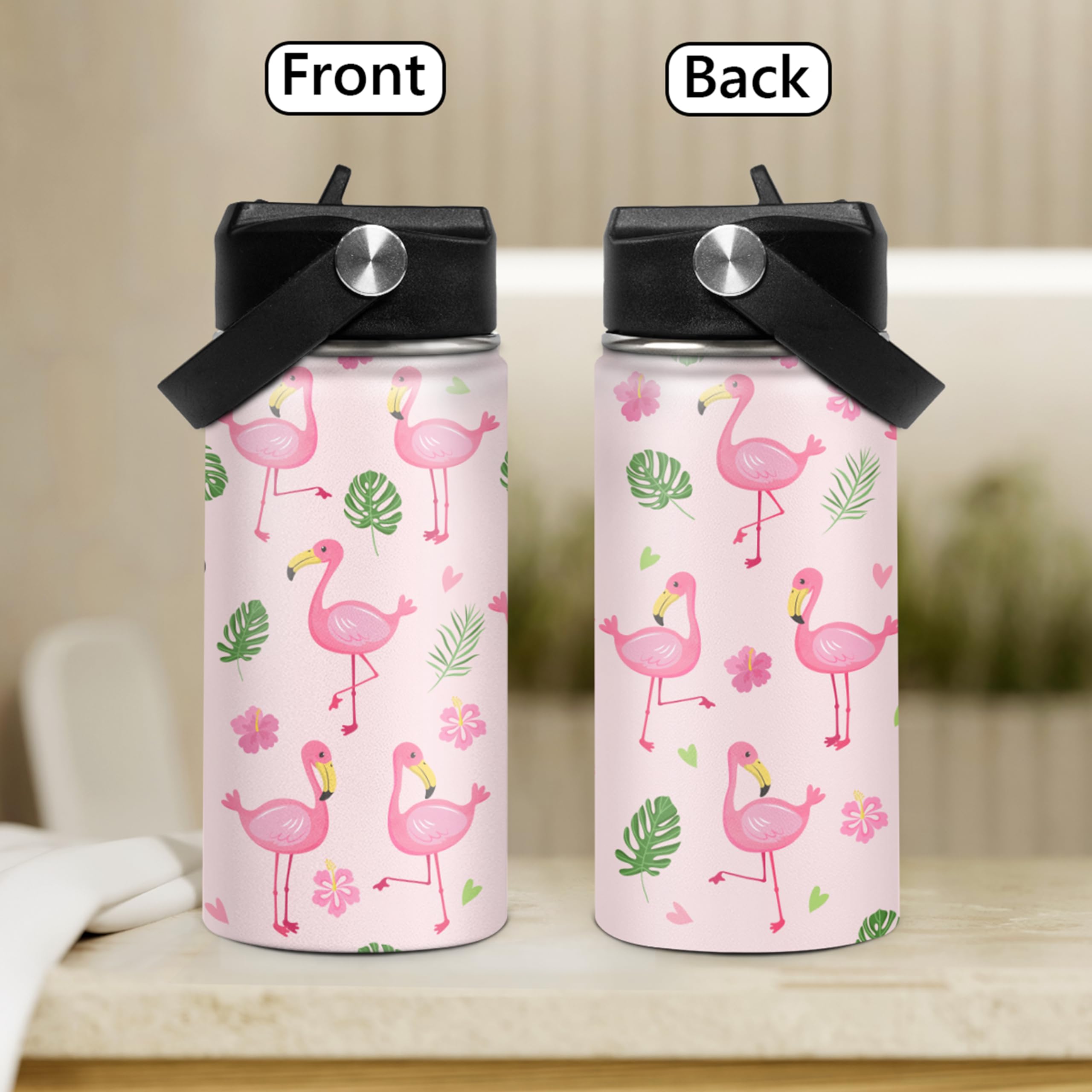 Kids Water Bottle Flamingo Water Bottles 12Oz With Straw Insulated Stainless Steel Travel School Tumbler Double Wall Vacuum Cup