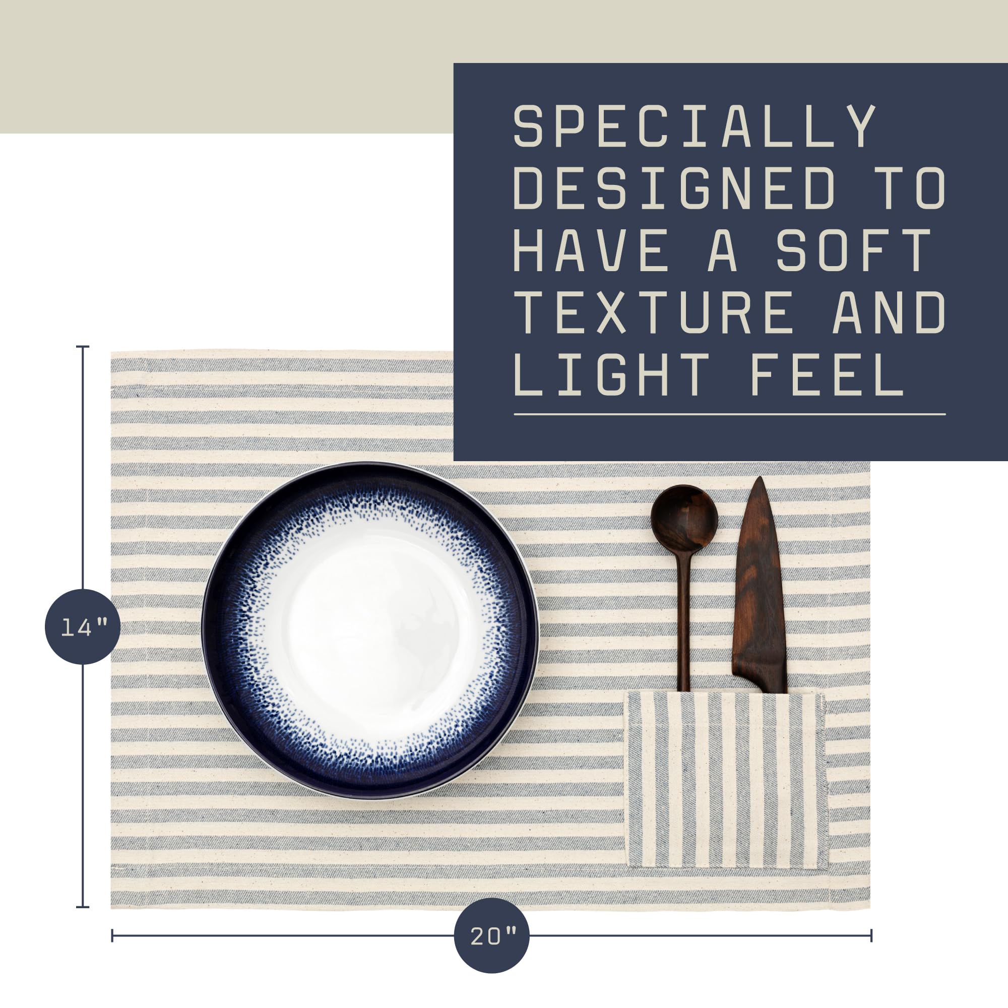 Meema Cloth Placemats With Pockets Set Of 4 | 14 X 20 In | Recycled Denim And Cotton Farmhouse Placemats - Striped | Washable Pl