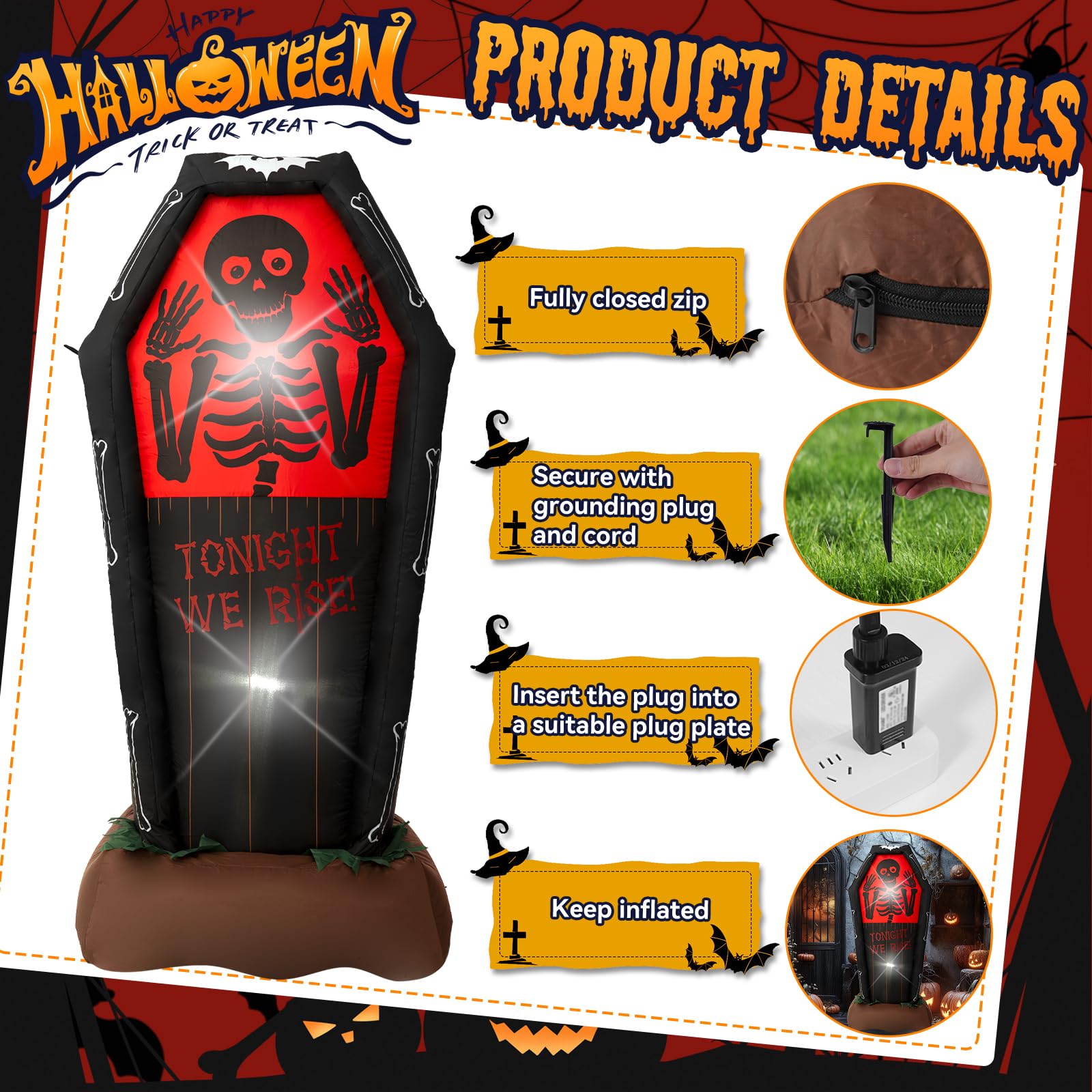 Halloween Inflatable, SHDEJTG 5 FT Coffin Inflatable Decoration with LED Lights Built-in for Outdoor, Holiday, Party, Yard, Gard