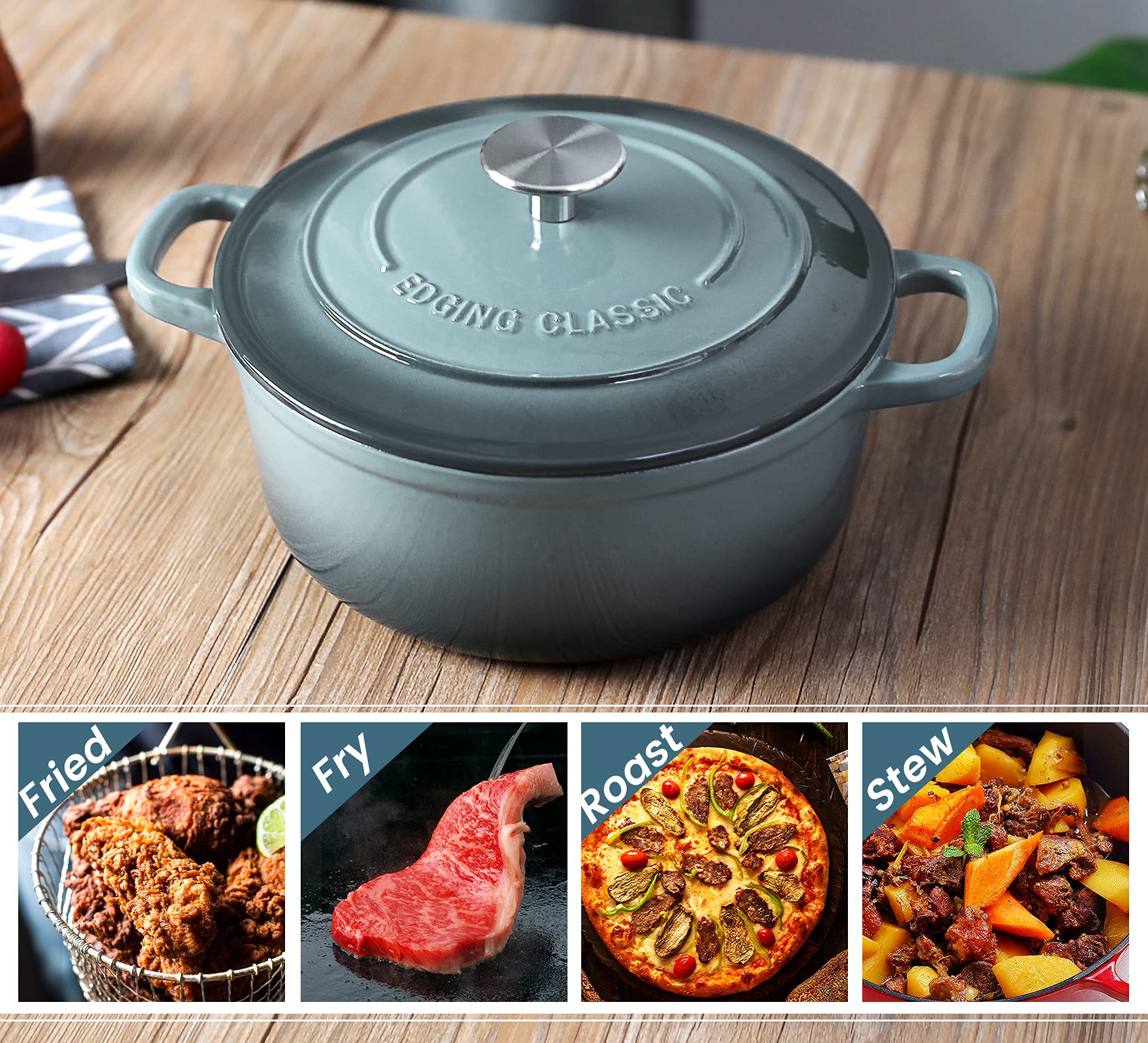 Edging Casting Enameled Cast Iron Covered Dutch Oven With Dual Handle, 3.5 Quart, Slateblue