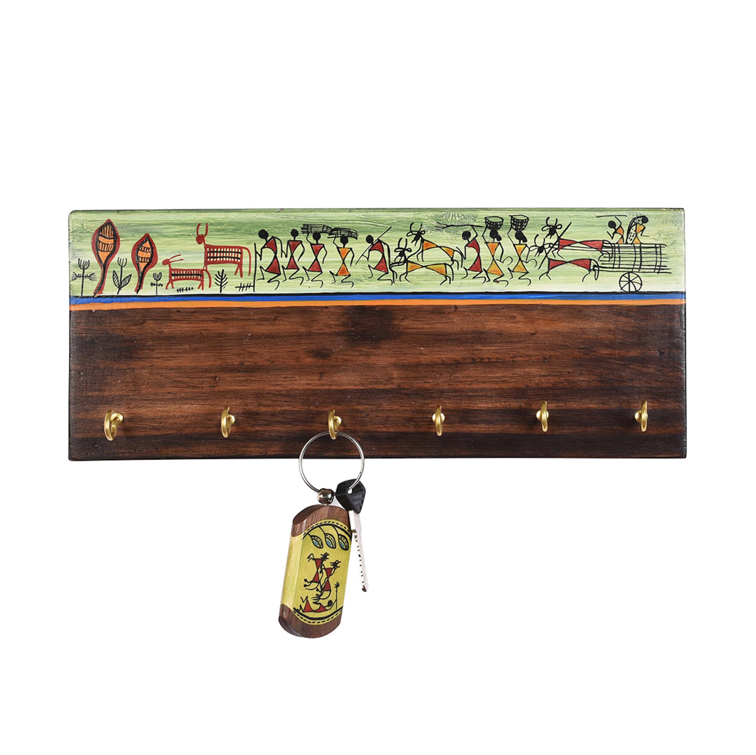 AAKRITI ART CREATIONS Key Holder, Handcrafted Warli Key Hanger | Rustic Wood Wall Organizer with 6 Hooks | New Home Gifts | Mult