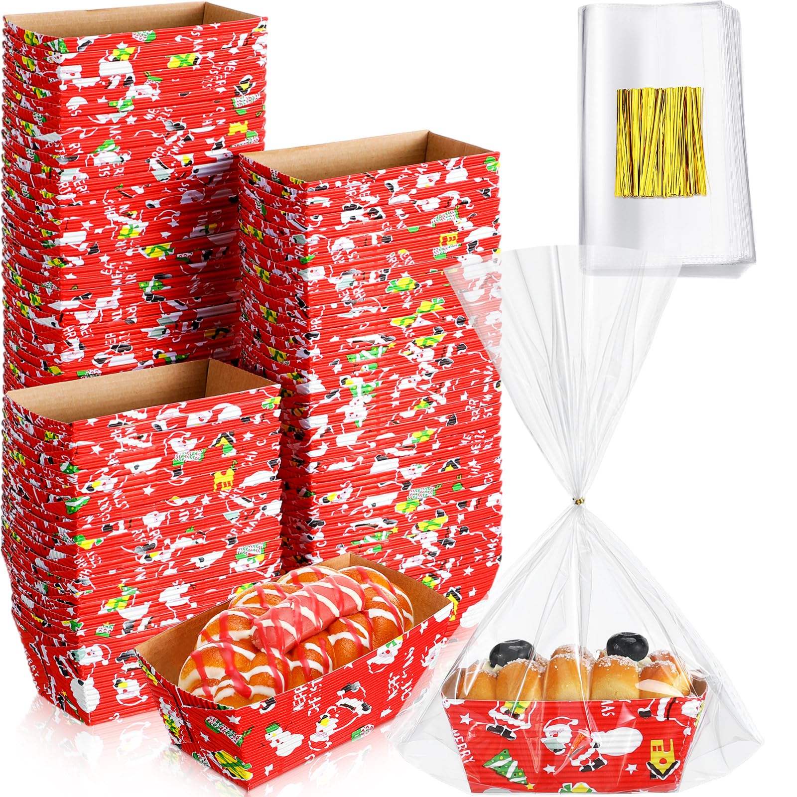 SiliFine 100 Sets Christmas Paper Loaf Pans Mini Disposable Baking Bread Pans with 100 Pcs Clear Bread Bags with Ties Rectangle 