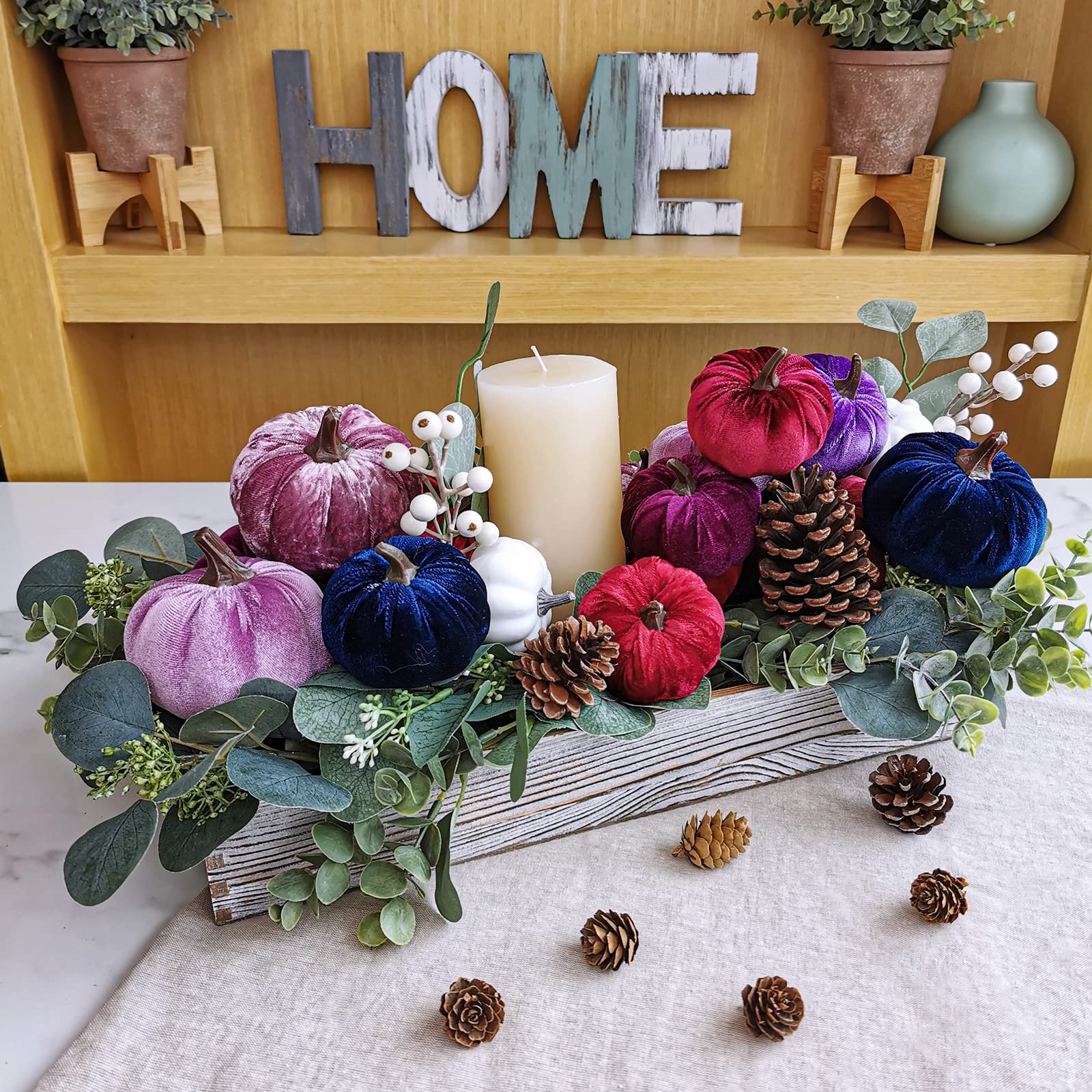 16 Pcs Assorted Small Faux Velvet Pumpkins Decorative Burgundy Red Purple Lilac Navy Blue Fabric Foam Pumpkins for Farmhouse Fal