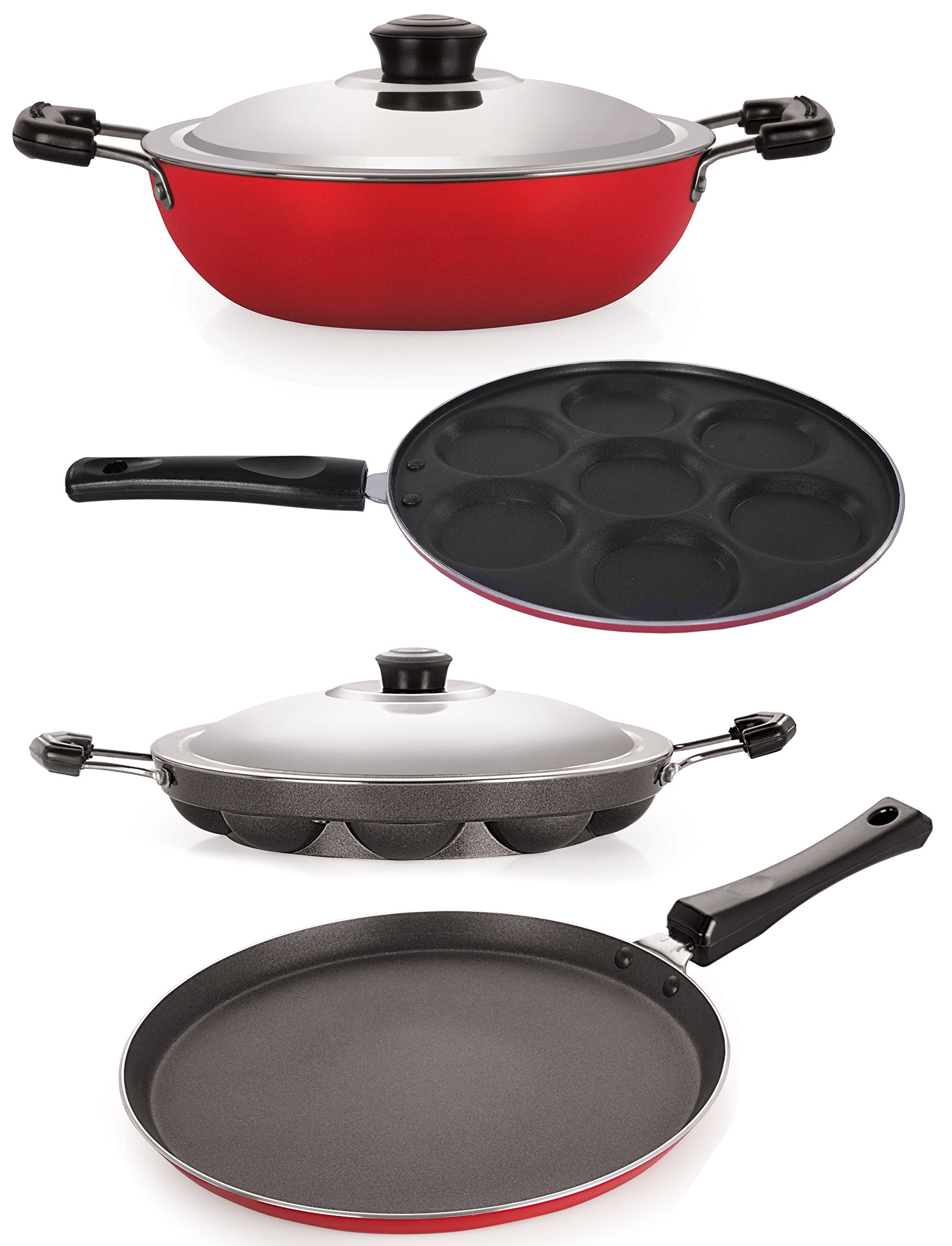 Nirlon NonStick Aluminium Cookware Set, 4Pieces, Red (26_Ft12_Dkdb_Ap_Up)
