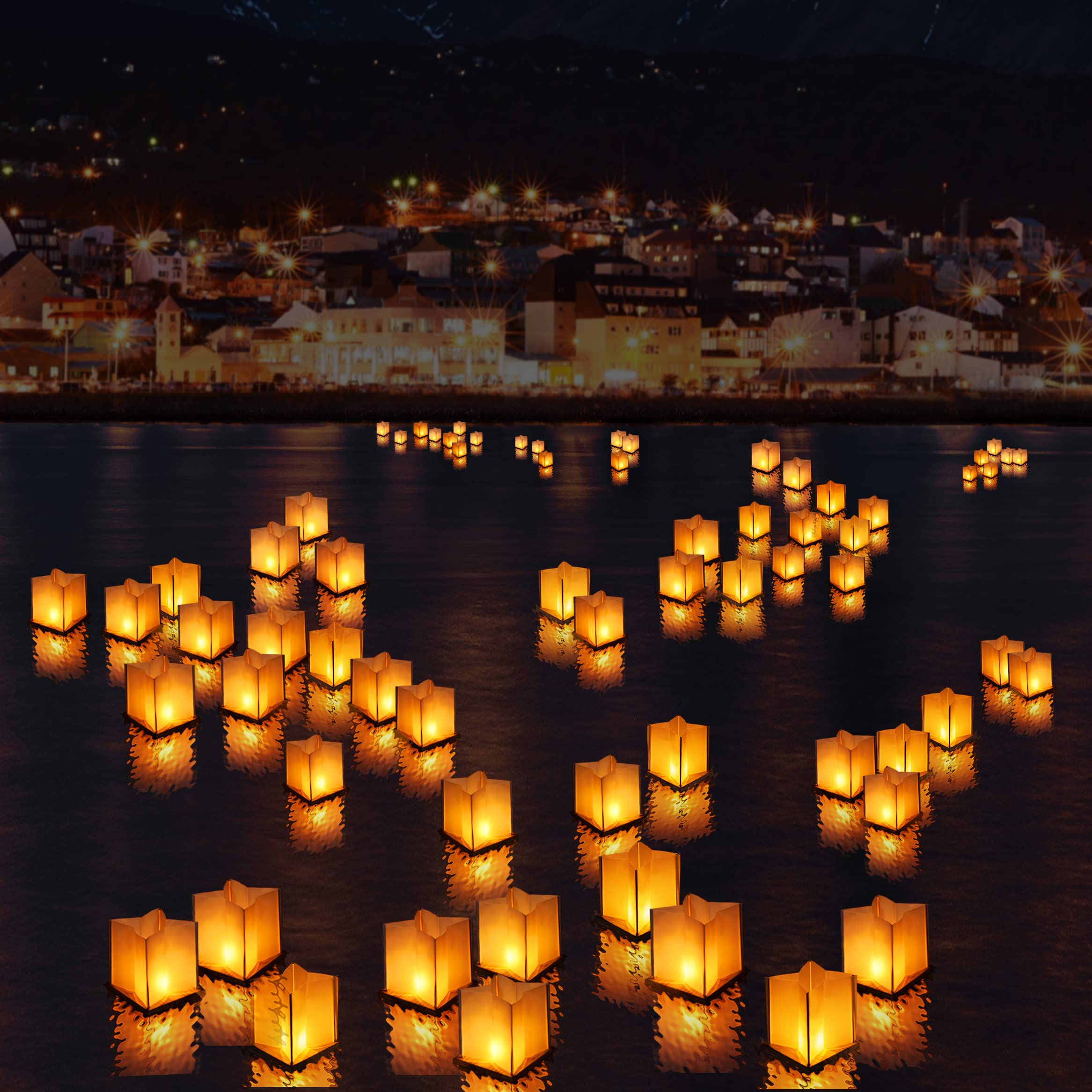 FUELYE 20 Pack 6 Star Shaped Floating Lanterns with Waterproof Wooden Base Sets, Paper Water Lanterns Decoration with LED Tealig