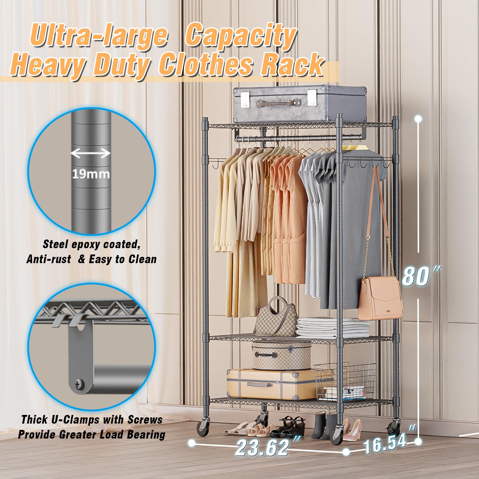 Homdox Garment Rack Heavy Duty, 3 Tier Rolling Clothing Racks For Hanging Clothes, Metal Wardrobe Closet, Free-Standing Clothes