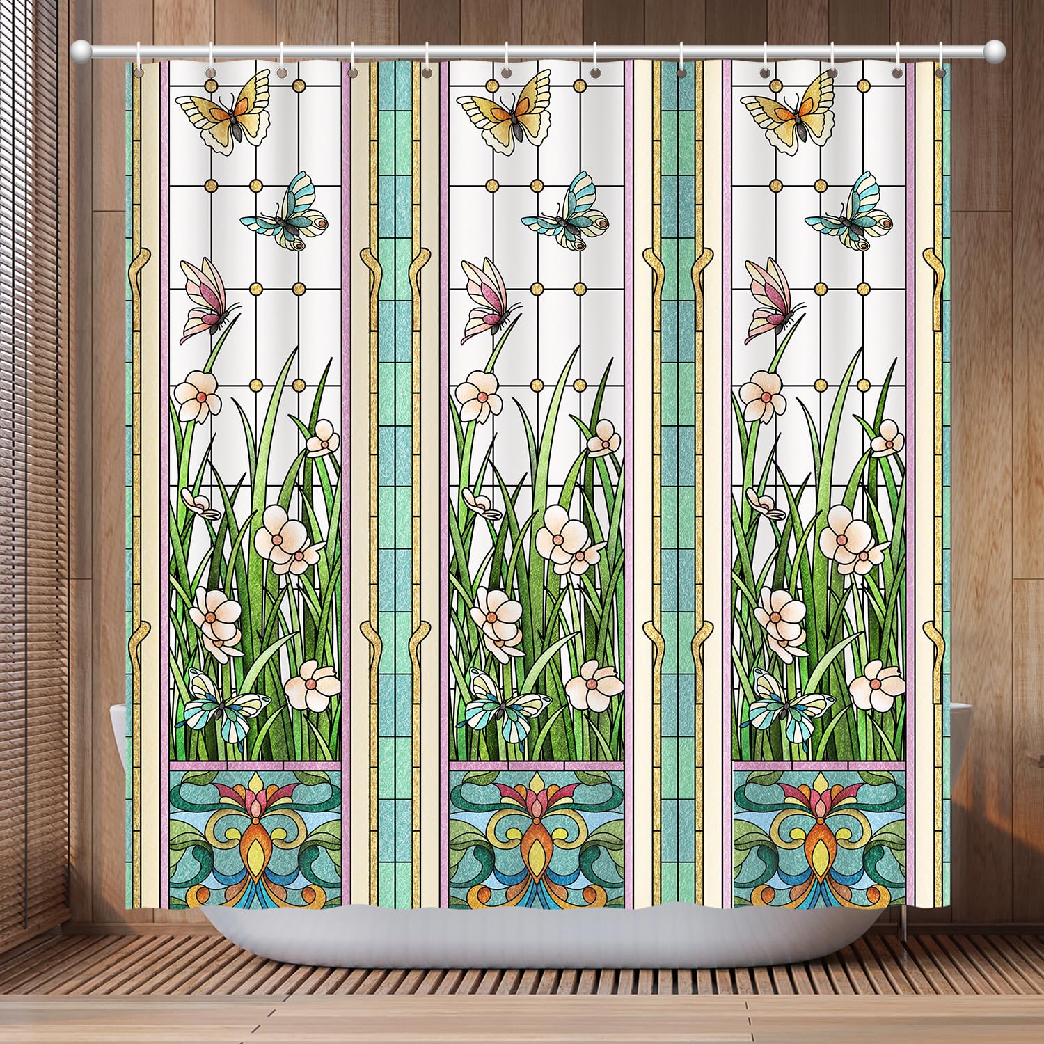 Flower Butterfly Shower Curtain, Glaze Glass Window Screen Shower Curtain Green Spring Summer Thick Shower Curtain Sets Waterpro