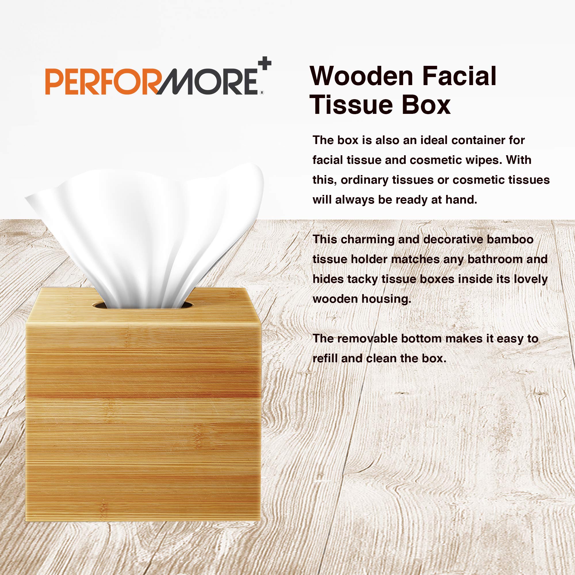 Performore Square Bamboo Tissue Box Cover - Stylish Water-Resistant Wooden Facial Tissue Holder For Bathroom, Office Desk & Nigh