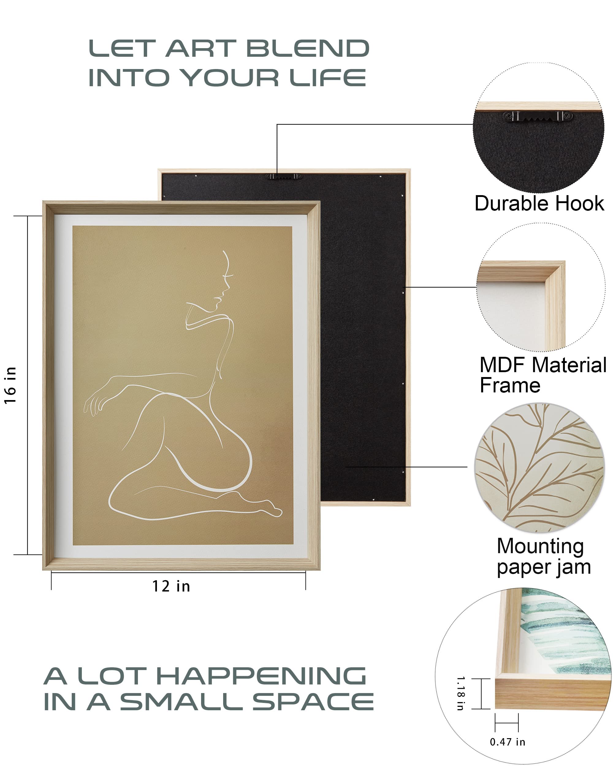Upwoigh Boho Canvas Wall Art(No Plexiglass), Framed High Side Wall Art, 16X12In Yellow-Brown Abstract Woman And Leaf Lines Minim