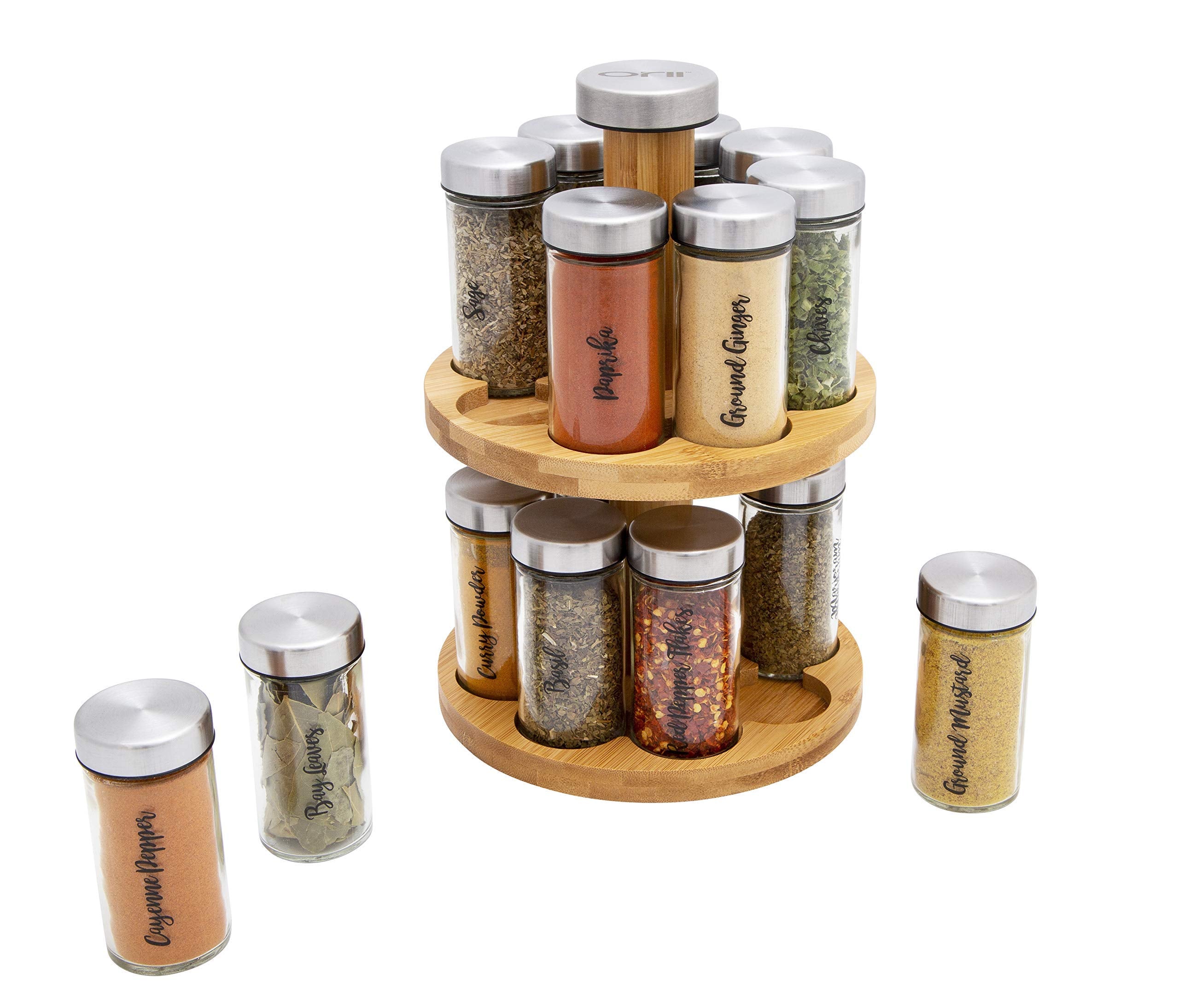 Orii 16 Jar Spice Rack with Spices Included - Rotating Countertop 2 Tier Tower Organizer for Kitchen Spices and Seasonings, Free