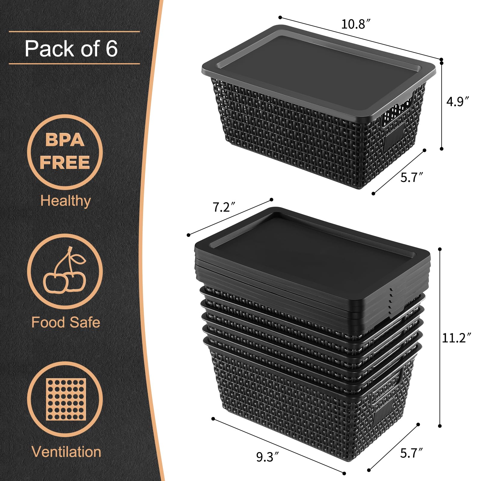 Plastic Storage Baskets with Lids - Stackable Storage Bins with Lids for Pantry, Closet, Bedroom & Shelves | Durable Organizatio