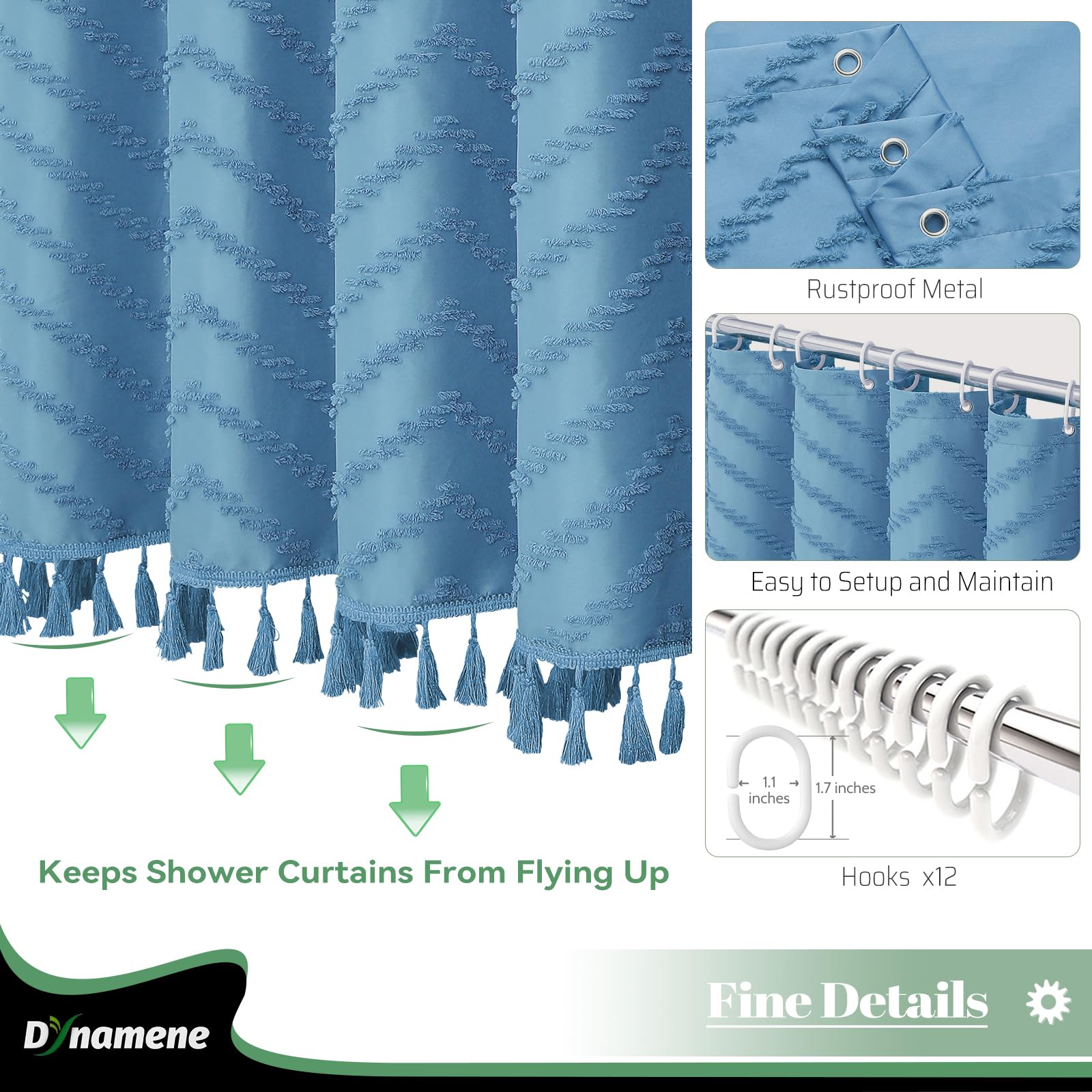 Dynamene Boho Farmhouse Shower Curtain, Moonlight Blue Fabric Tufted Chevron Striped Textured Tassel Shower Curtains For Bathroo