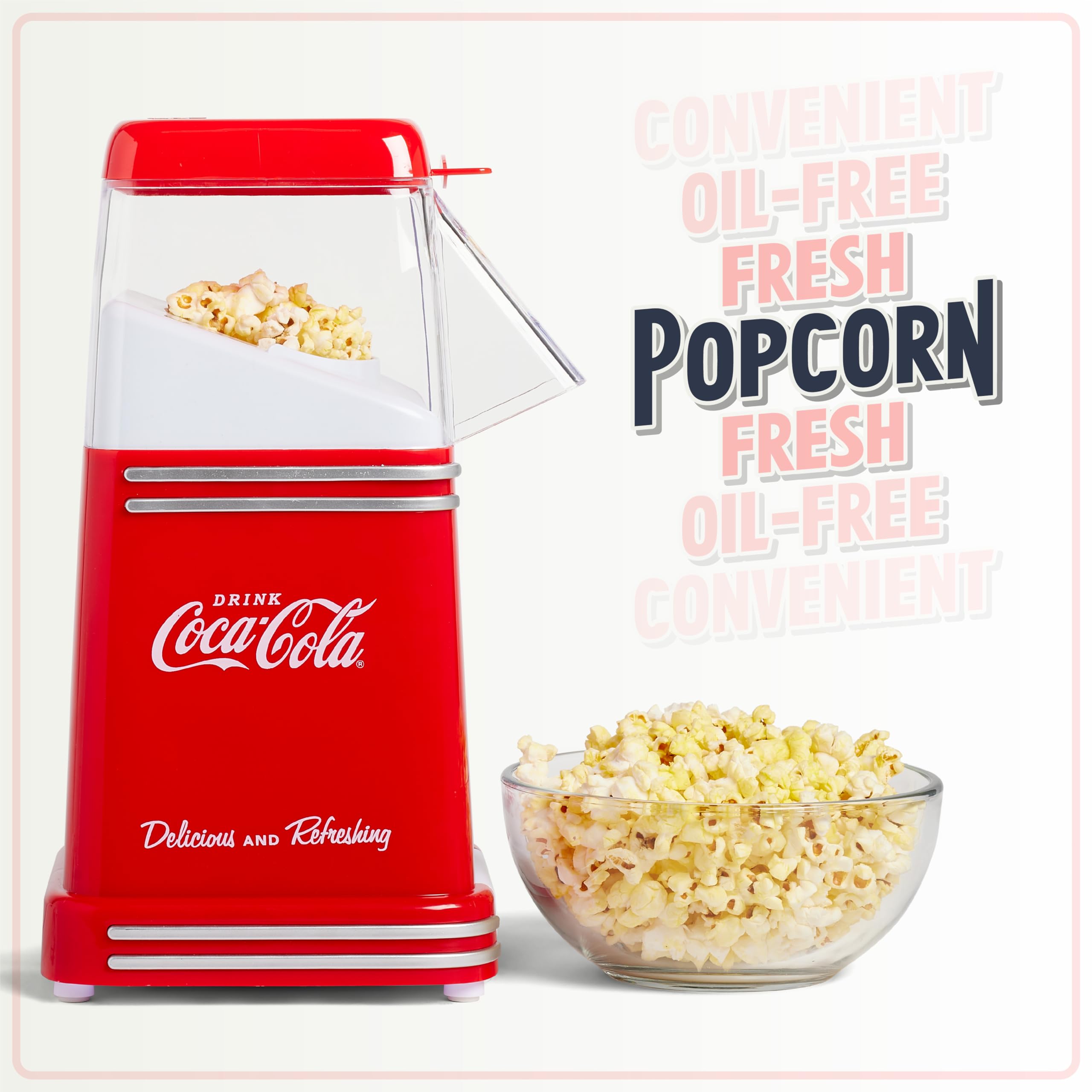 Nostalgia Electrics Coca-Cola Hot-Air Electric Popcorn Maker, 8 Cups, Healthy Oil Free Popcorn With Measuring Scoop, Coke Red &